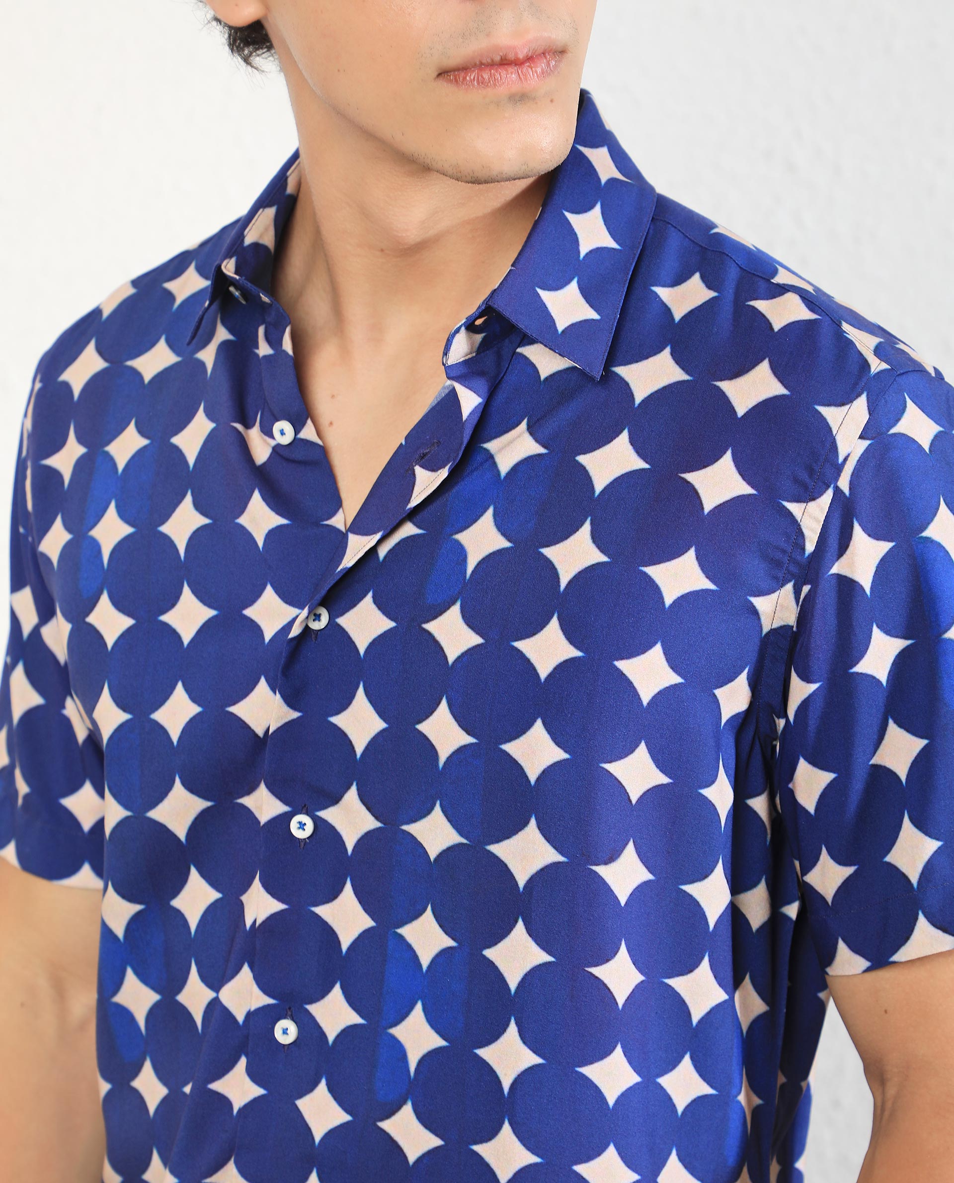 Rare Rabbit Men's Clinton Blue Viscose Fabric Geometric Print Half Sleeves Shirt