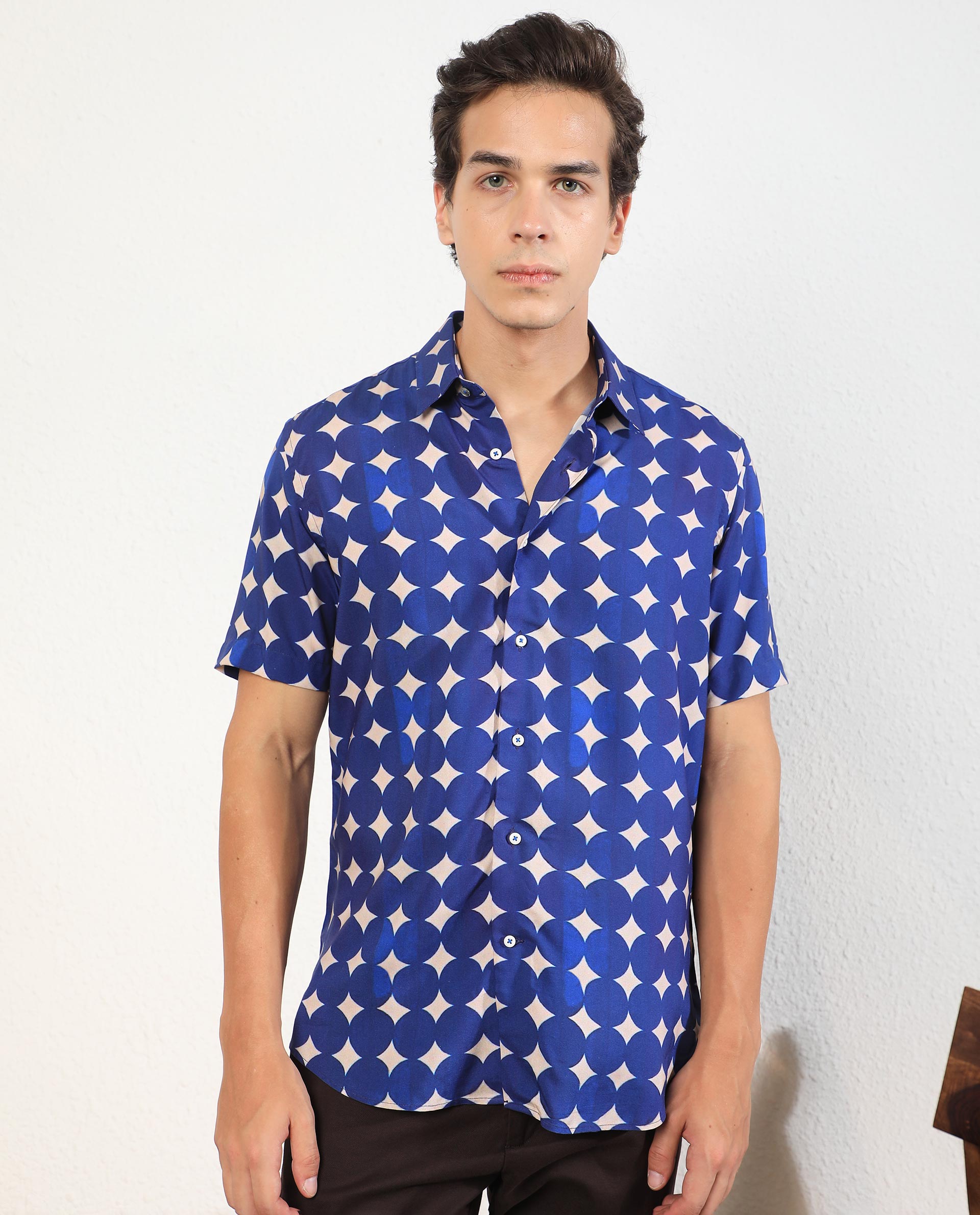 Rare Rabbit Men's Clinton Blue Viscose Fabric Geometric Print Half Sleeves Shirt