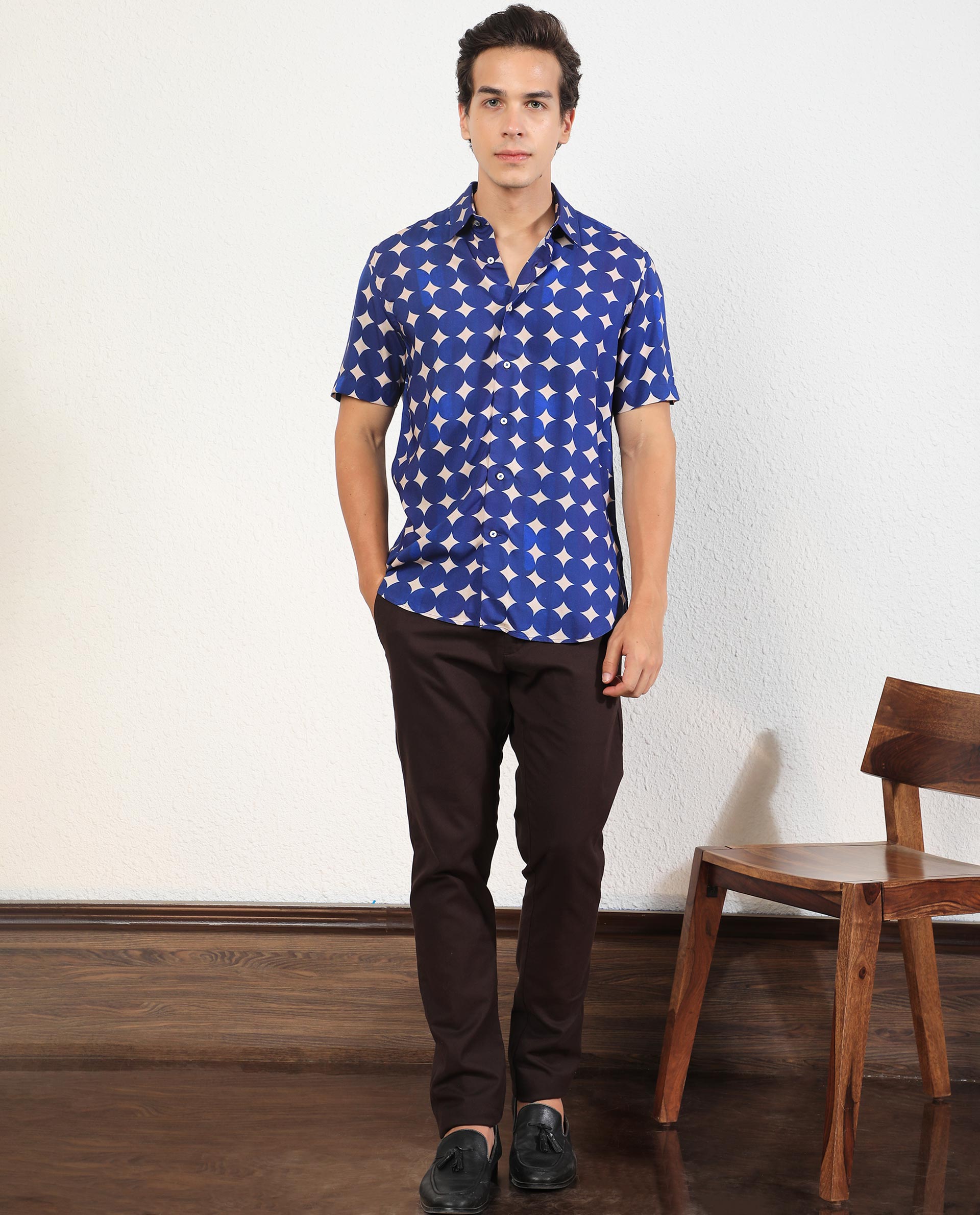 Rare Rabbit Men's Clinton Blue Viscose Fabric Geometric Print Half Sleeves Shirt