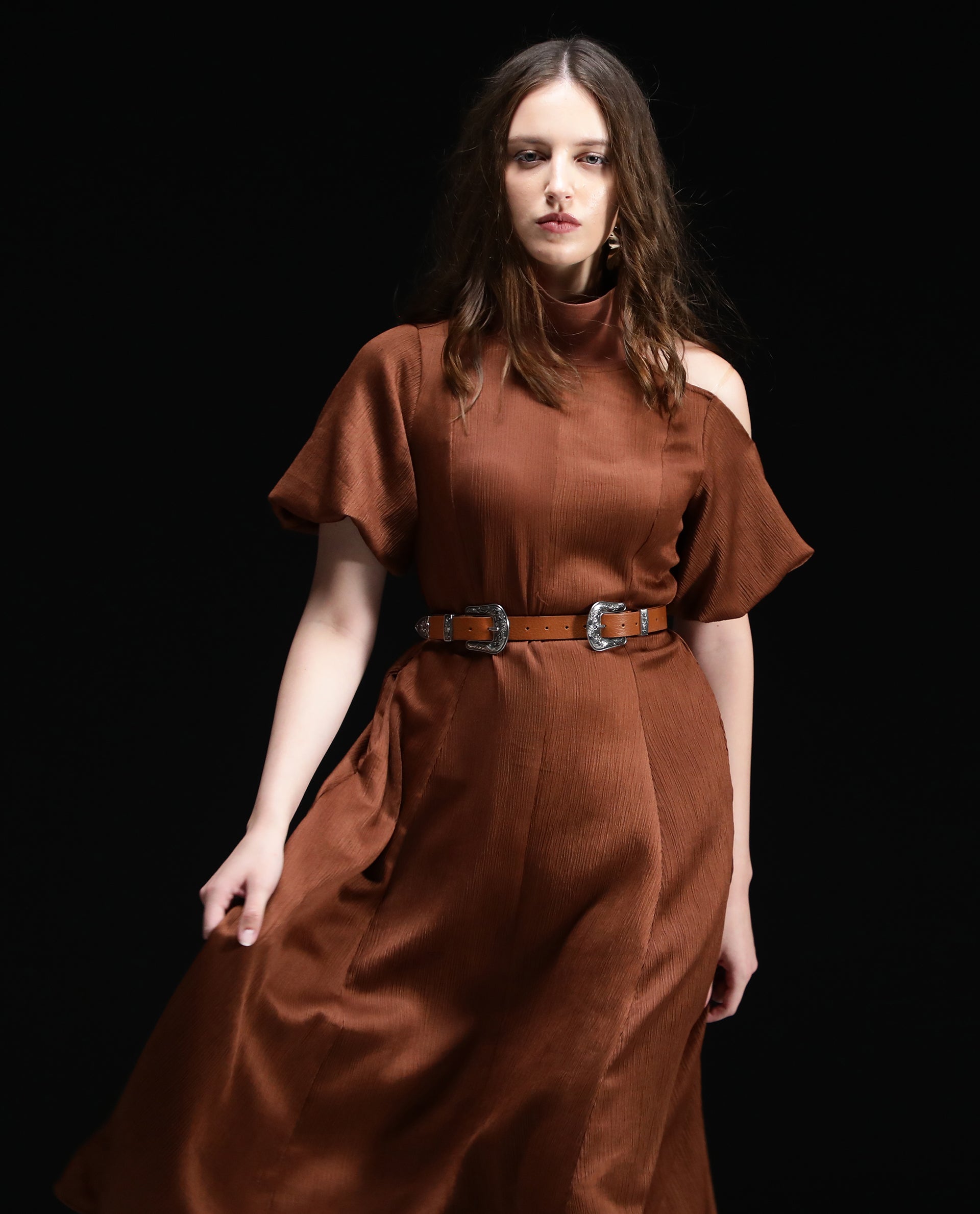 Rareism Women Duchy Brown Balloon Sleeve Turtle Neck Zipper Closure Flared Midi Plain Dress