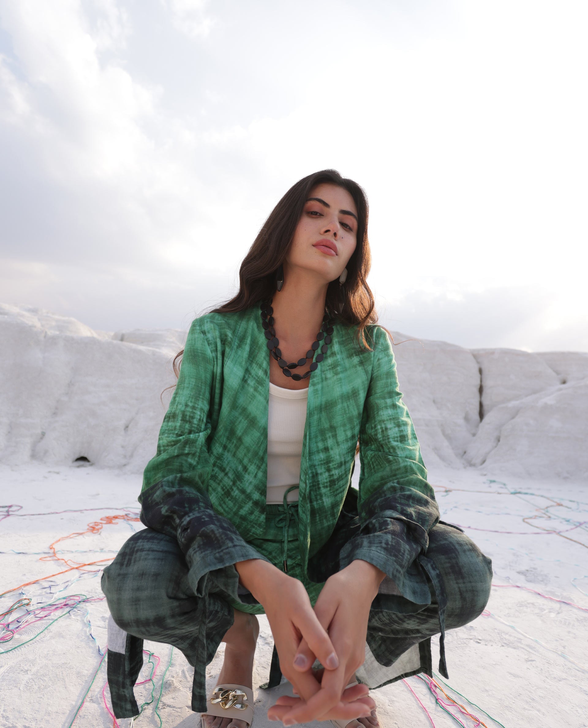 Rareism Women Boss Green Cotton Fabric Regular Fit Knee Length Abstract Print Collarless Outer Wear