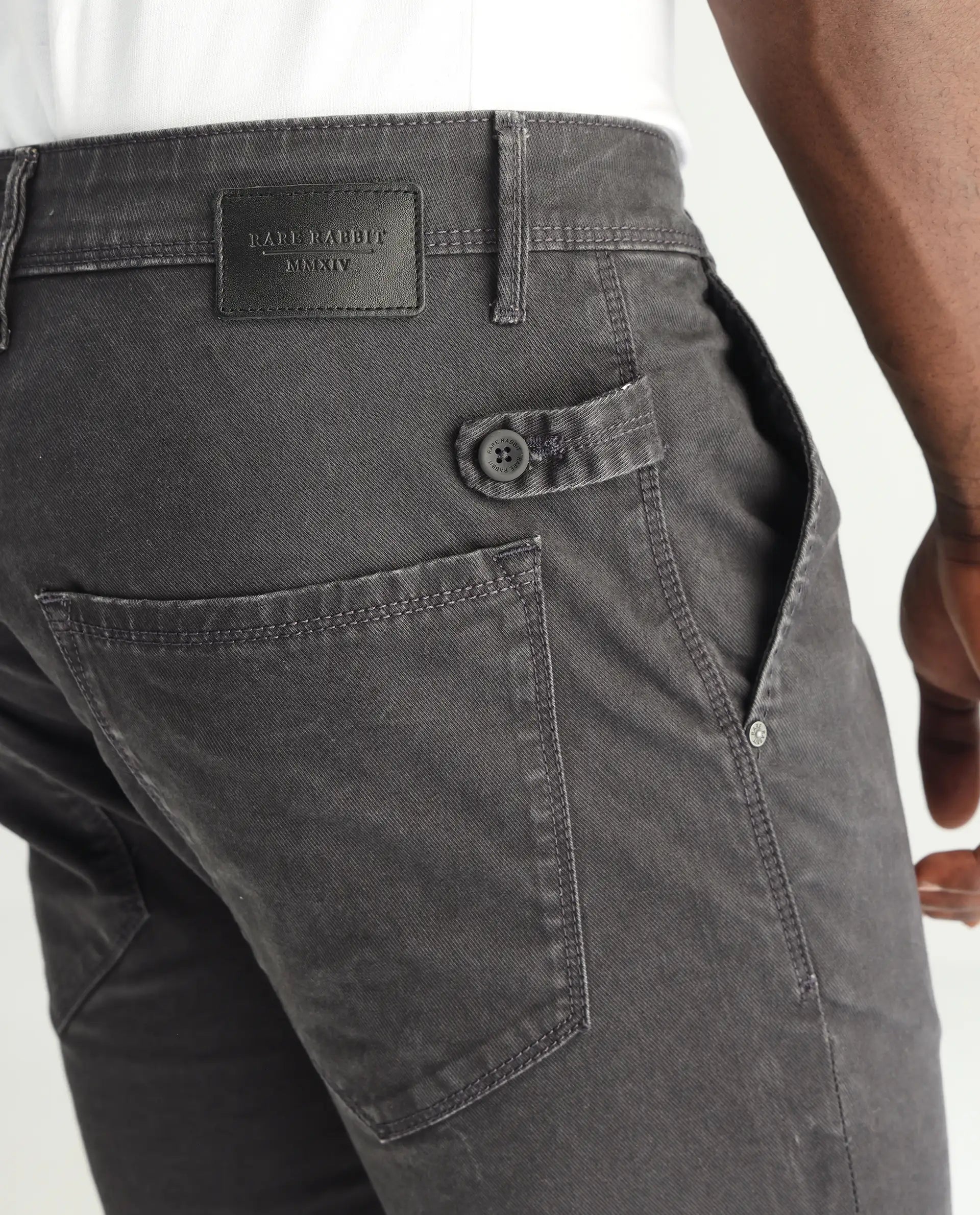 Rare Rabbit Men's Oxin Grey Cotton Plain Hawk Slim Fit Jeans