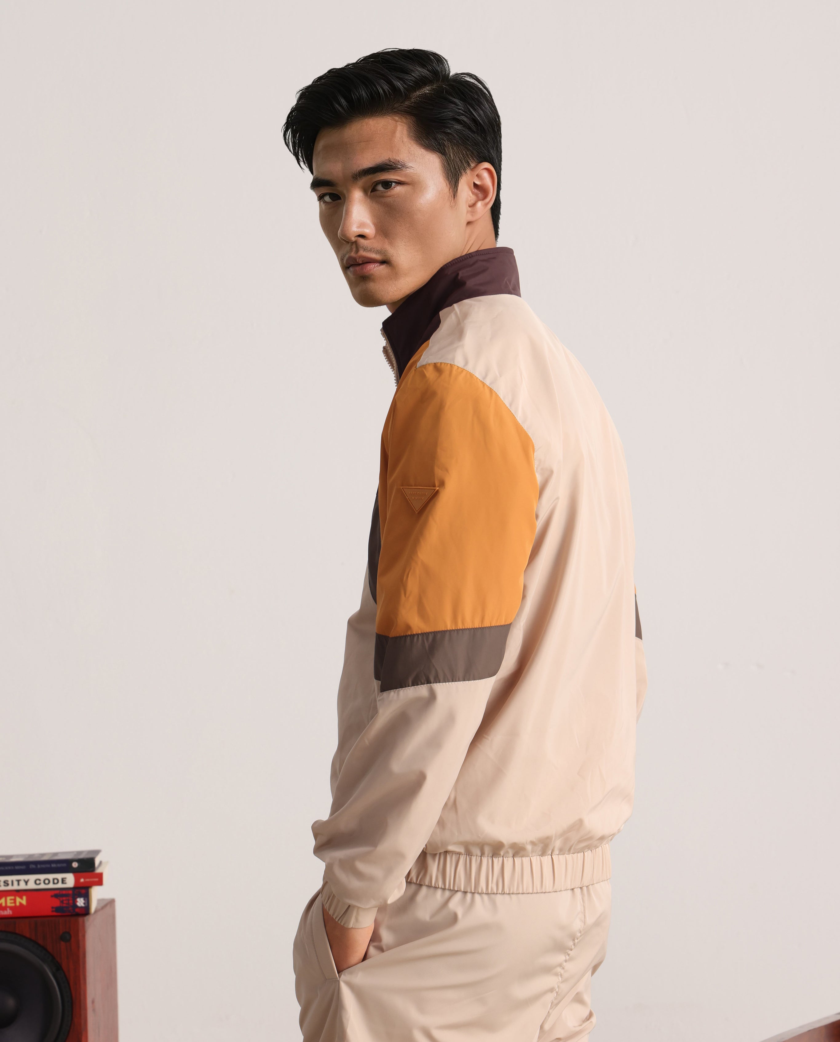 Rare Rabbit Men Malo Beige Polyester Fabric Full Sleeve High Neck Collar Zipper Closure Cut and Sew Jacket