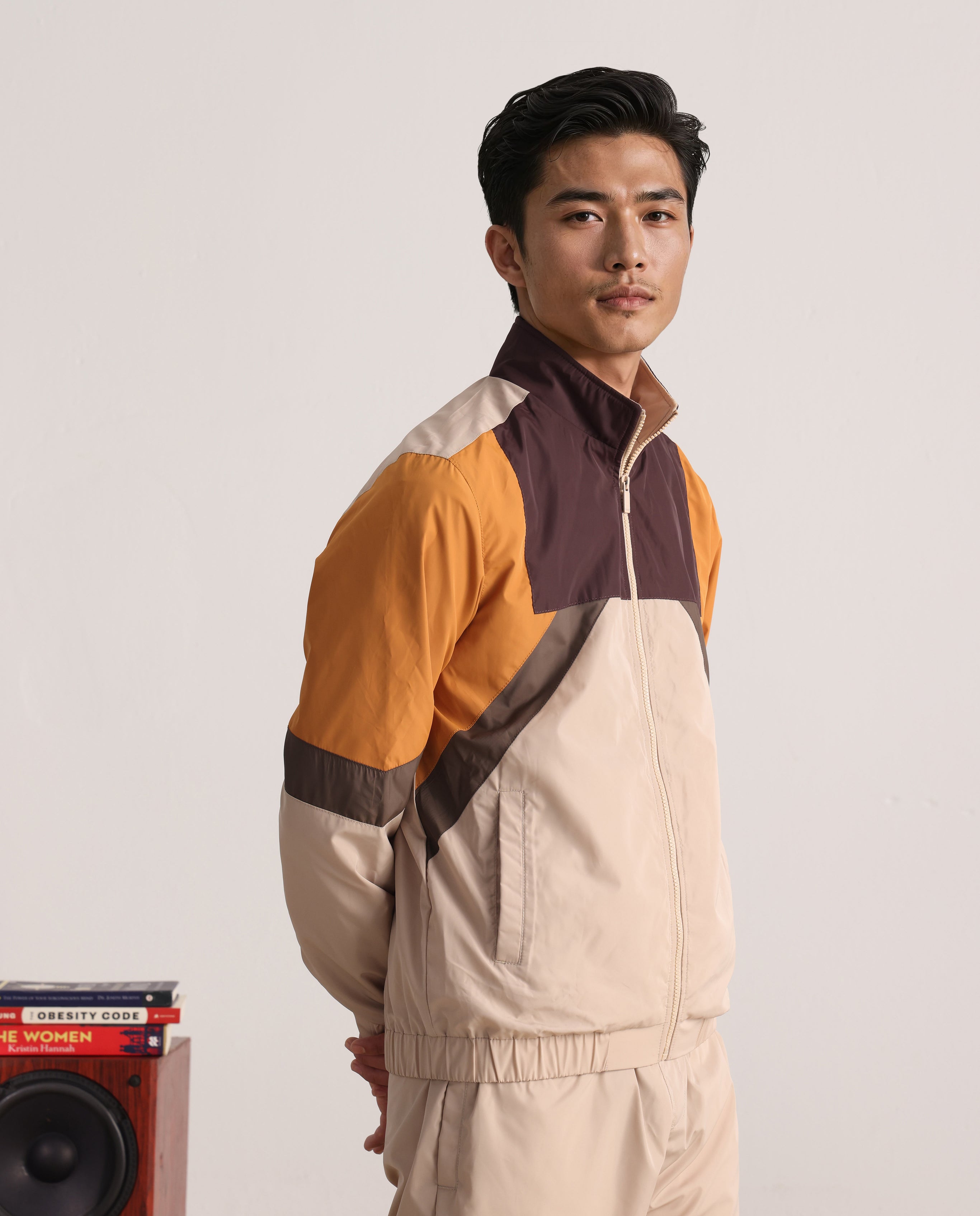 Rare Rabbit Men Malo Beige Polyester Fabric Full Sleeve High Neck Collar Zipper Closure Cut and Sew Jacket