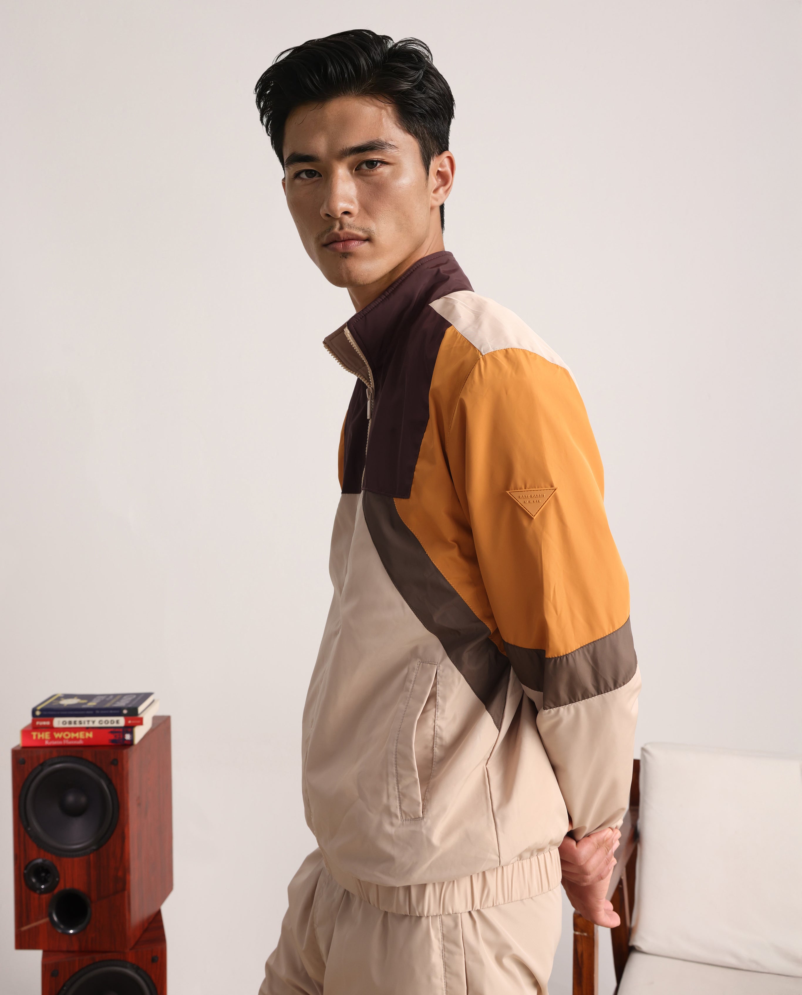 Rare Rabbit Men Malo Beige Polyester Fabric Full Sleeve High Neck Collar Zipper Closure Cut and Sew Jacket