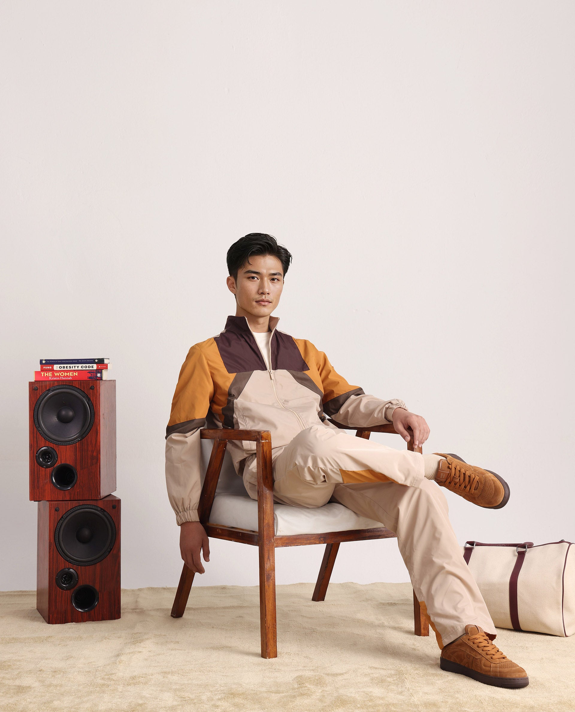 Rare Rabbit Men Malo Beige Polyester Fabric Full Sleeve High Neck Collar Zipper Closure Cut and Sew Jacket