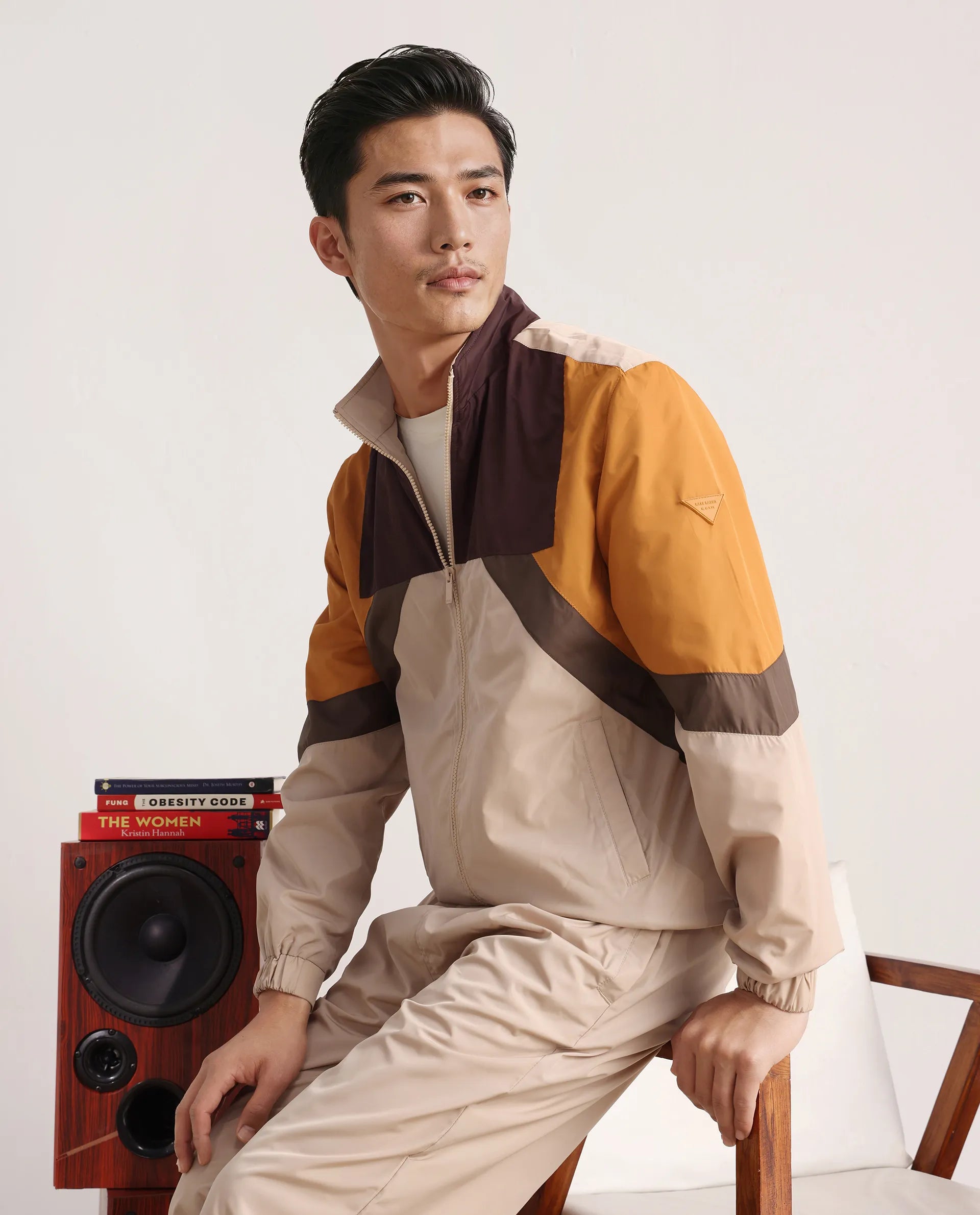 Rare Rabbit Men Malo Beige Polyester Fabric Full Sleeve High Neck Collar Zipper Closure Cut and Sew Jacket