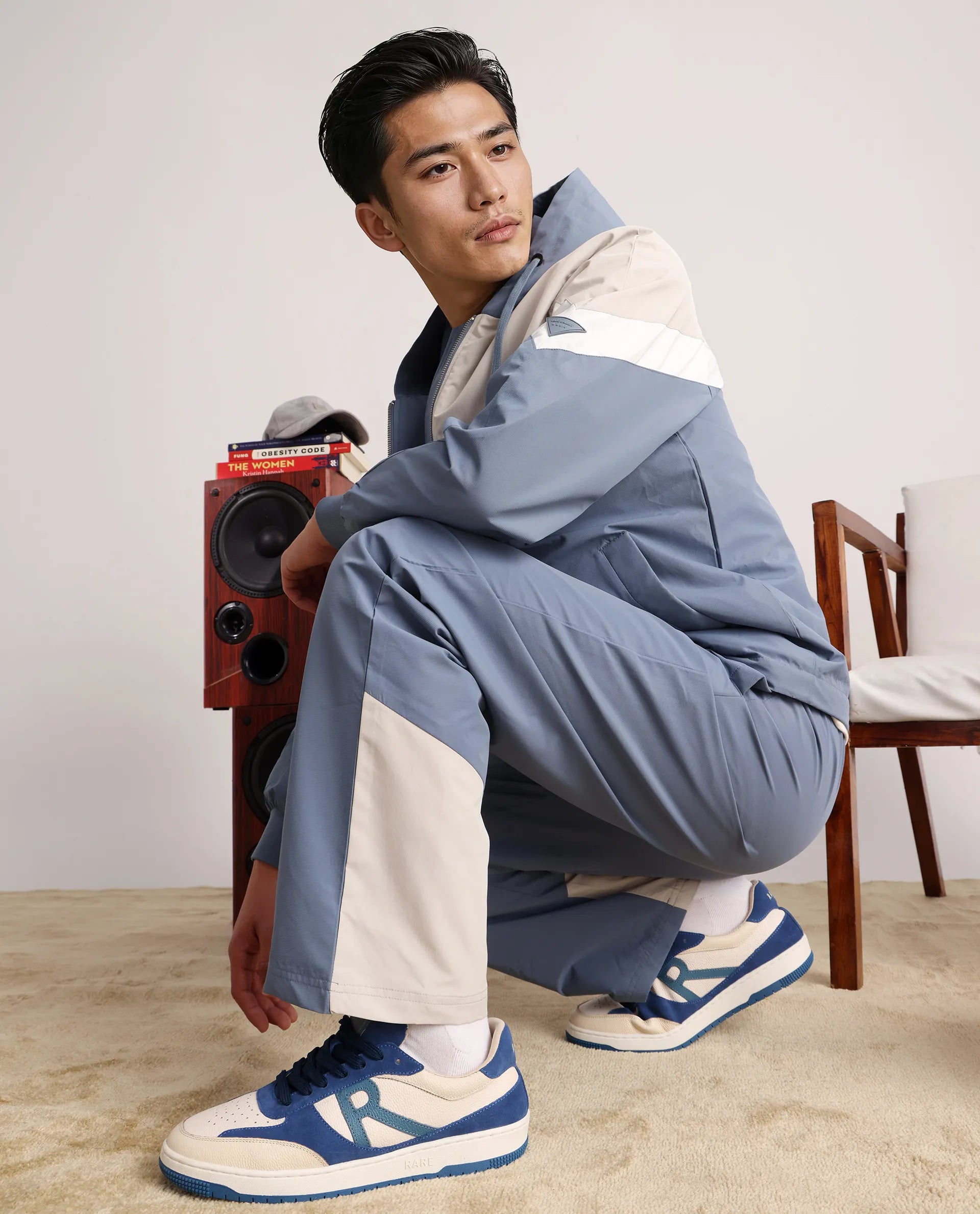 Rare Rabbit Men Waber-B Light Blue Nylon Polyester Fabric Elasticated Waistband Cut and Sew Track Pant