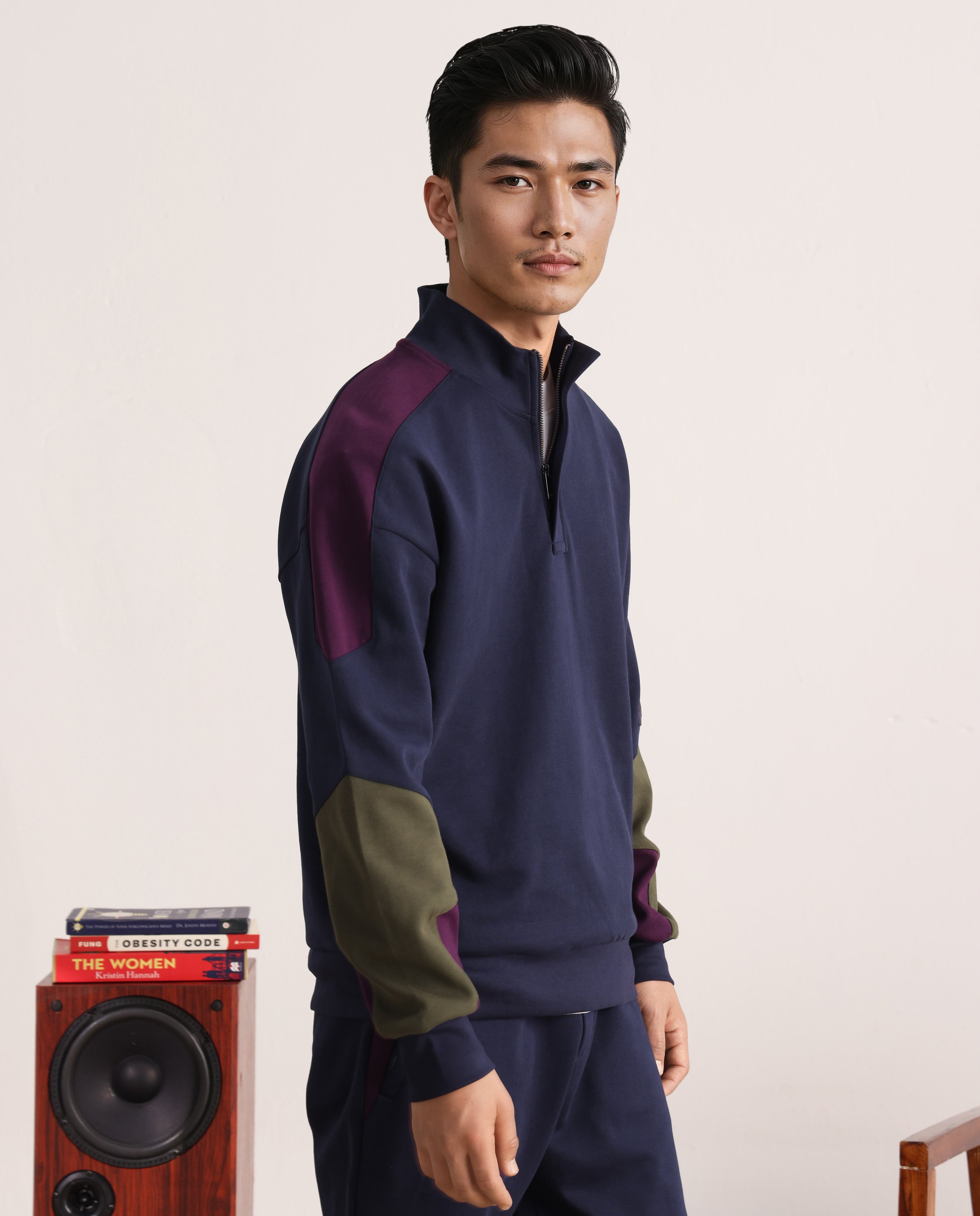 Rare Rabbit Men Armo-1 Navy Full Sleeve High Neck Plain Sweatshirt