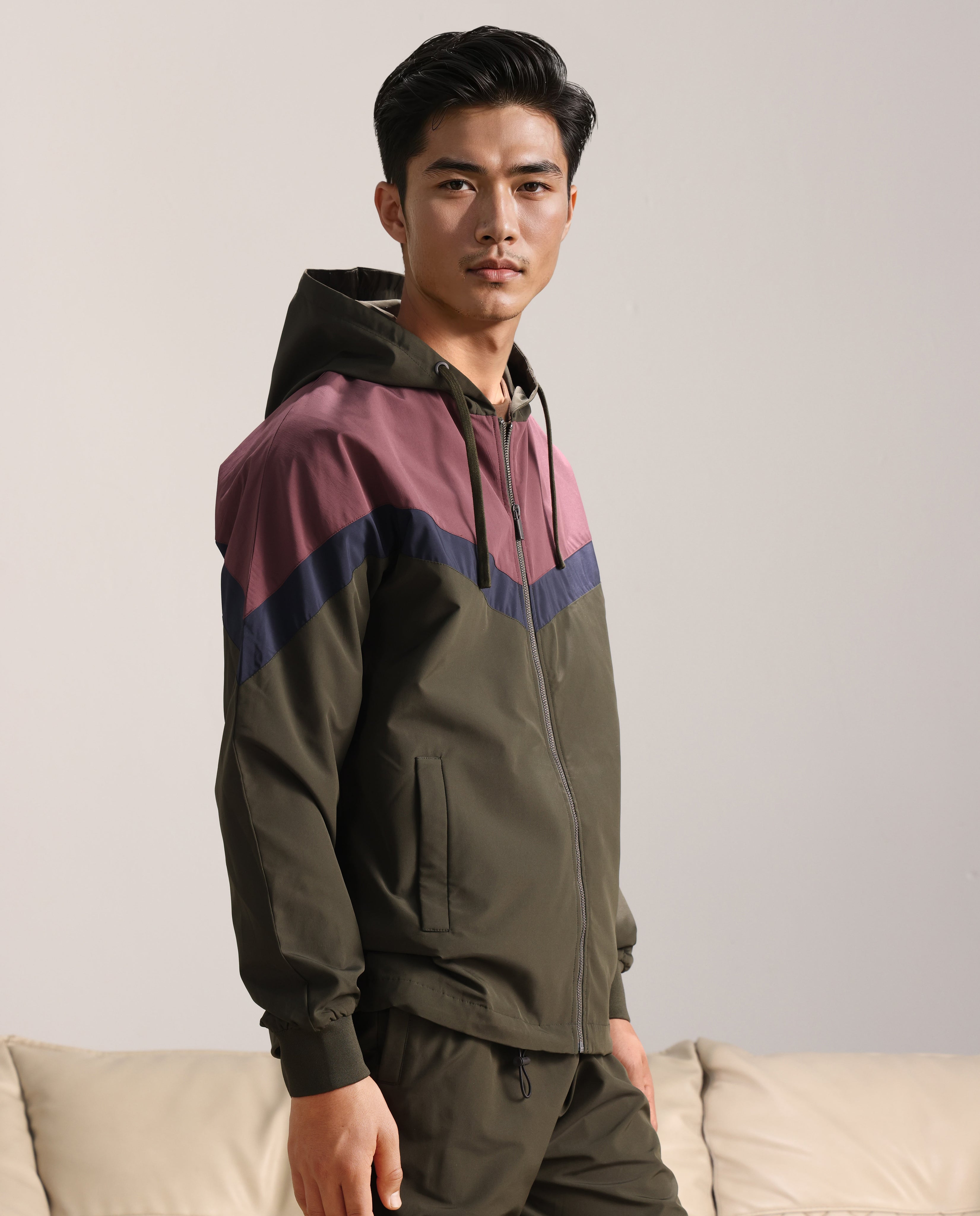 Rare Rabbit Men Waber Olive Polyester Fabric Full Sleeve Hooded Zipper Closure Cut and Sew Jacket