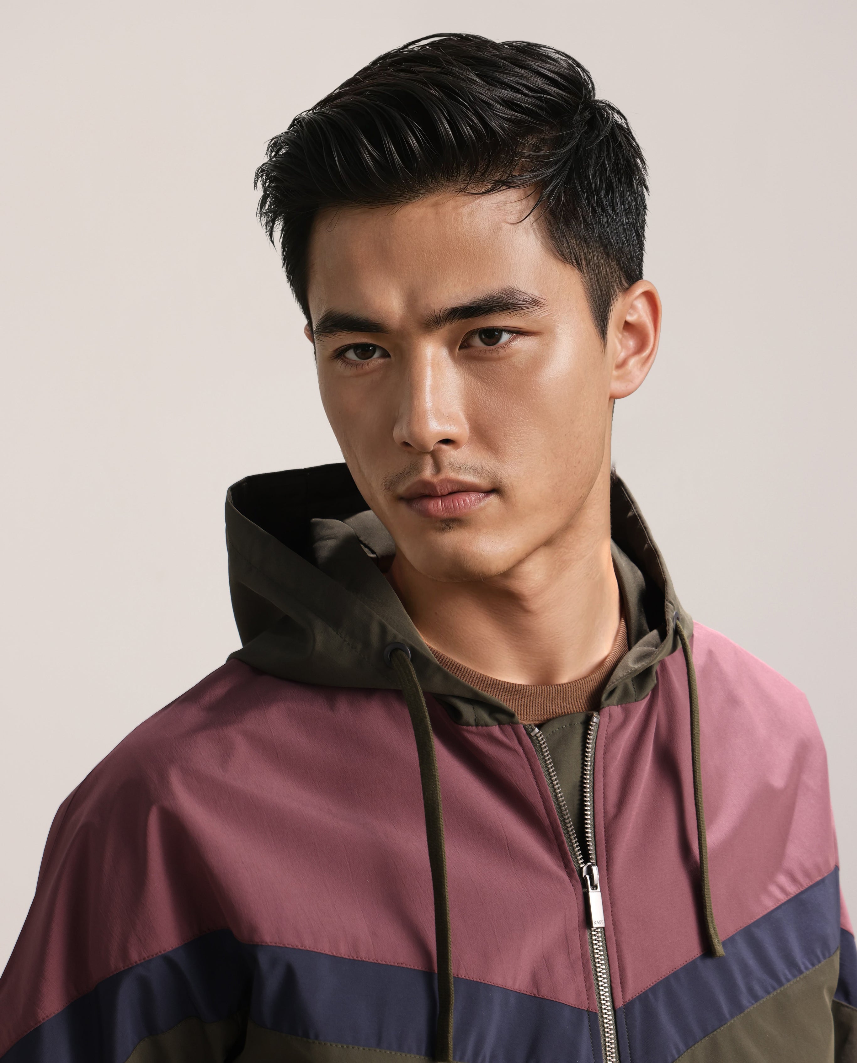 Rare Rabbit Men Waber Olive Polyester Fabric Full Sleeve Hooded Zipper Closure Cut and Sew Jacket