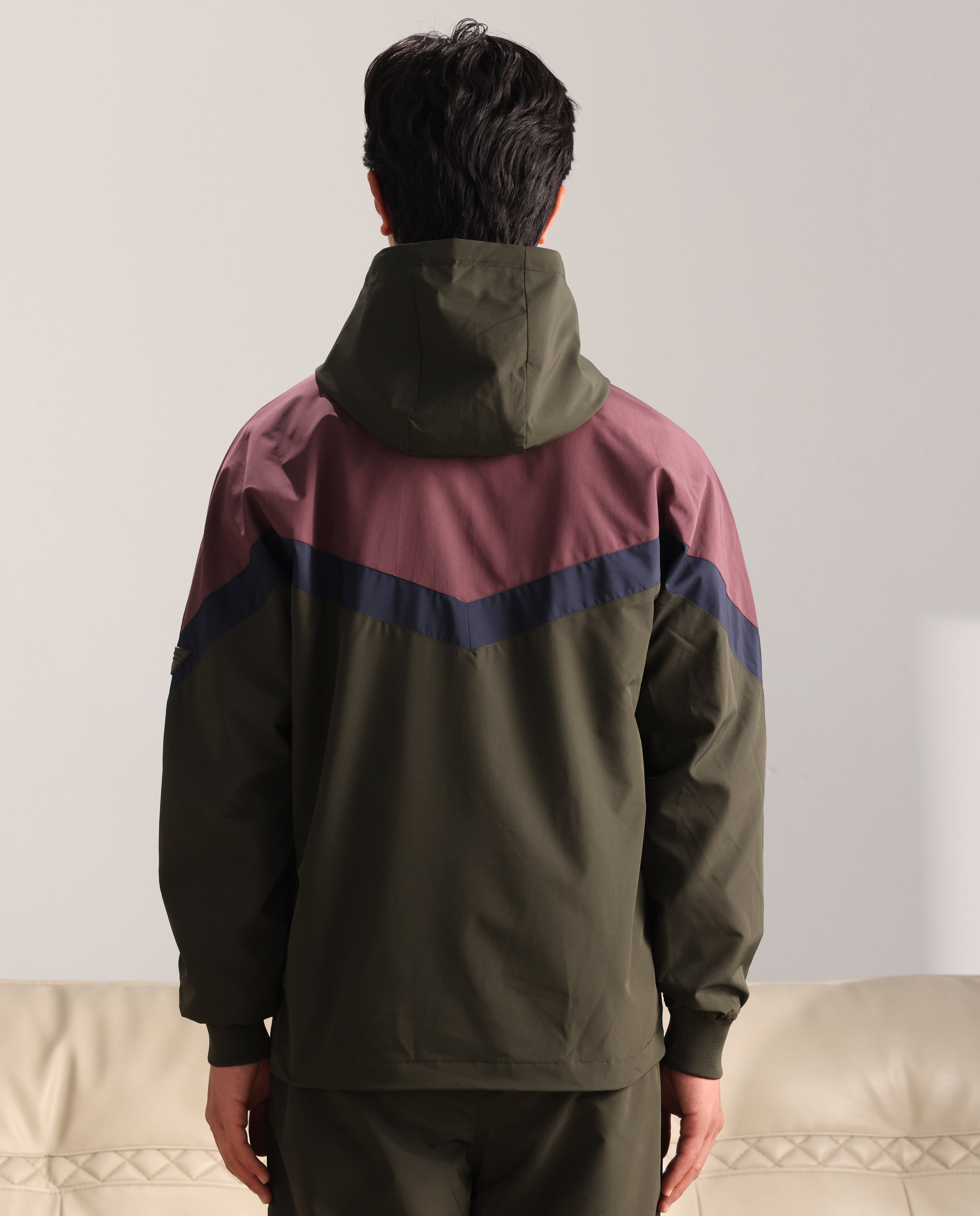 Rare Rabbit Men Waber Olive Polyester Fabric Full Sleeve Hooded Zipper Closure Cut and Sew Jacket