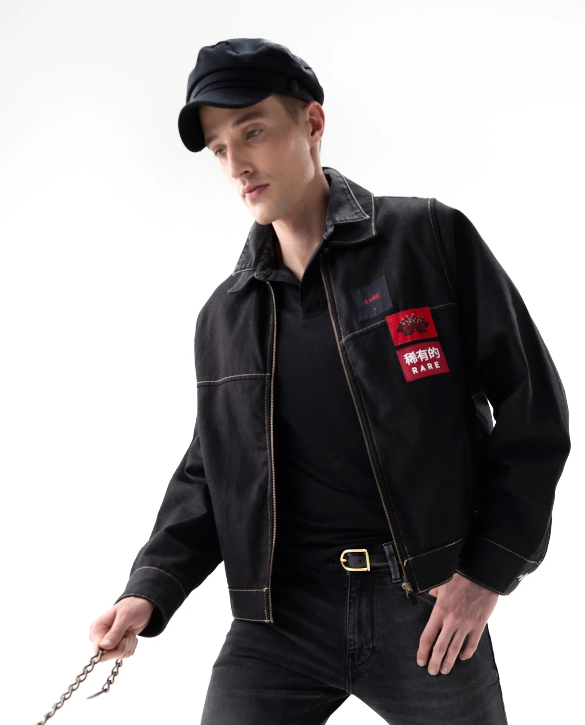 Rare Rabbit Men's Clovix Black Cotton Label Print Regular Fit Full Sleeve Spread Collar Jacket