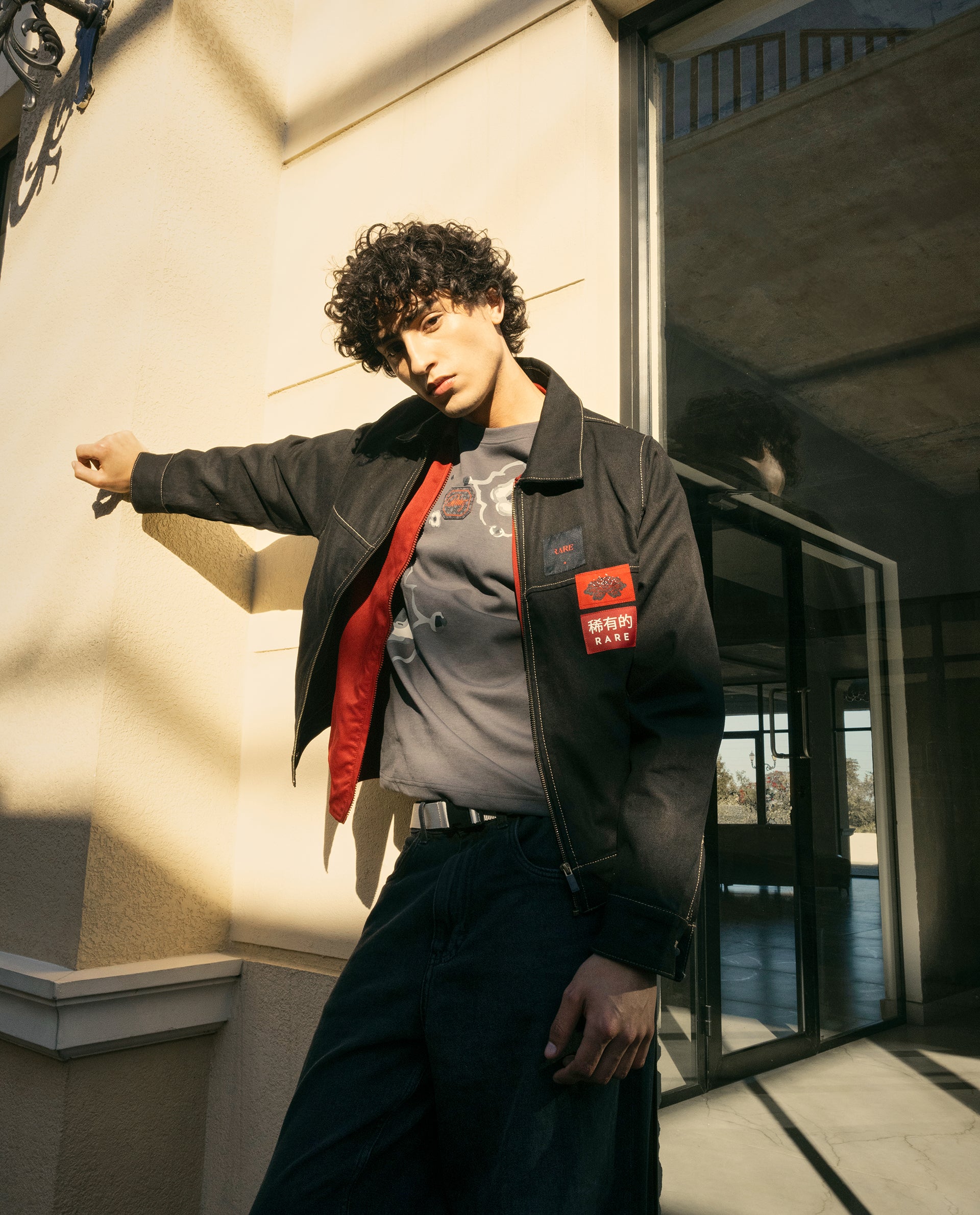 Rare Rabbit Men Fonz Dark Grey Cotton Poly Fabric Short Sleeve Crew Neck Oversized Fit Placement Graphic Print and Label on Chest T-Shirt