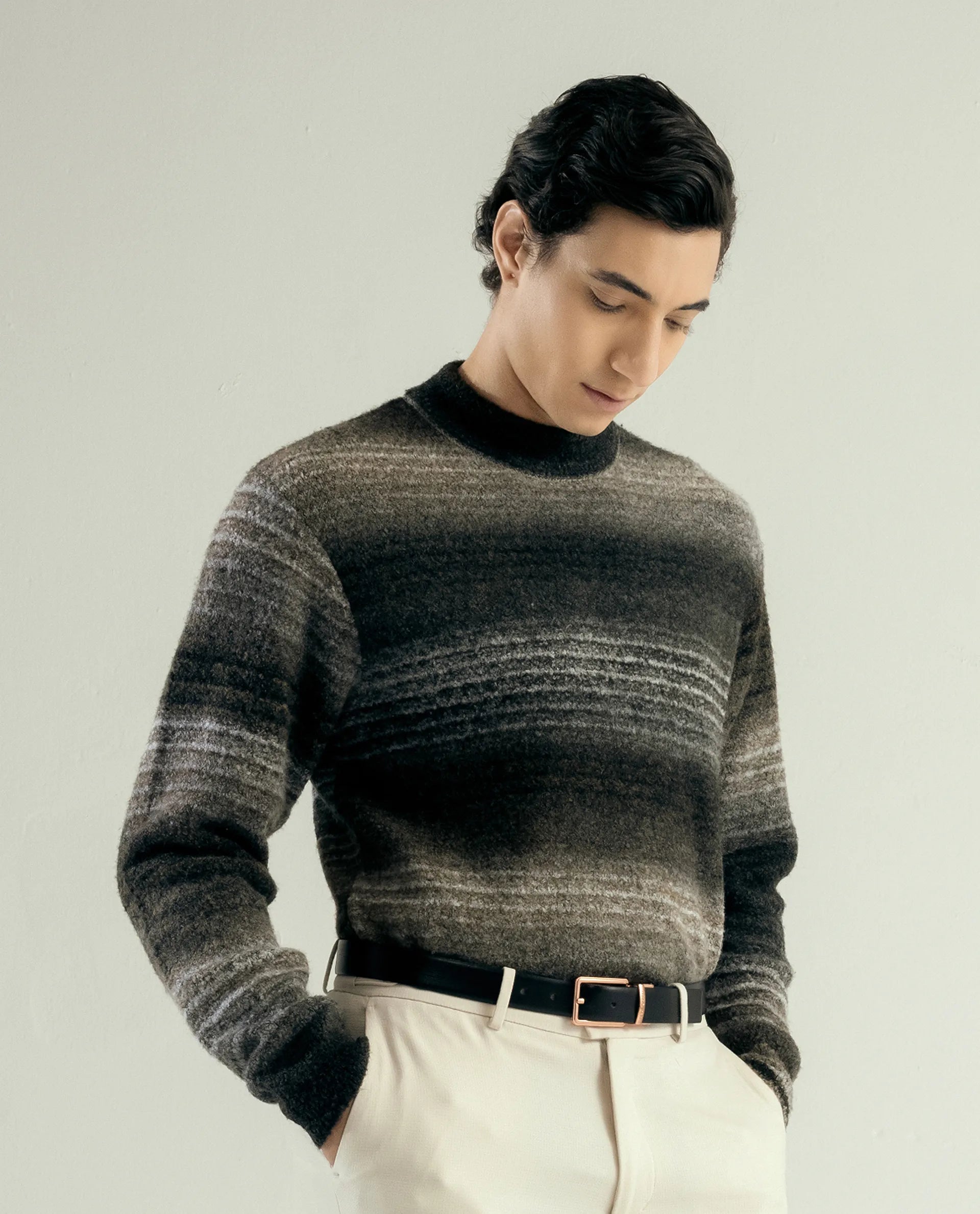 Rare Rabbit Men's Nemot Dark Grey Cotton Colorblock Regular Fit Full Sleeve Crew Neck Sweater