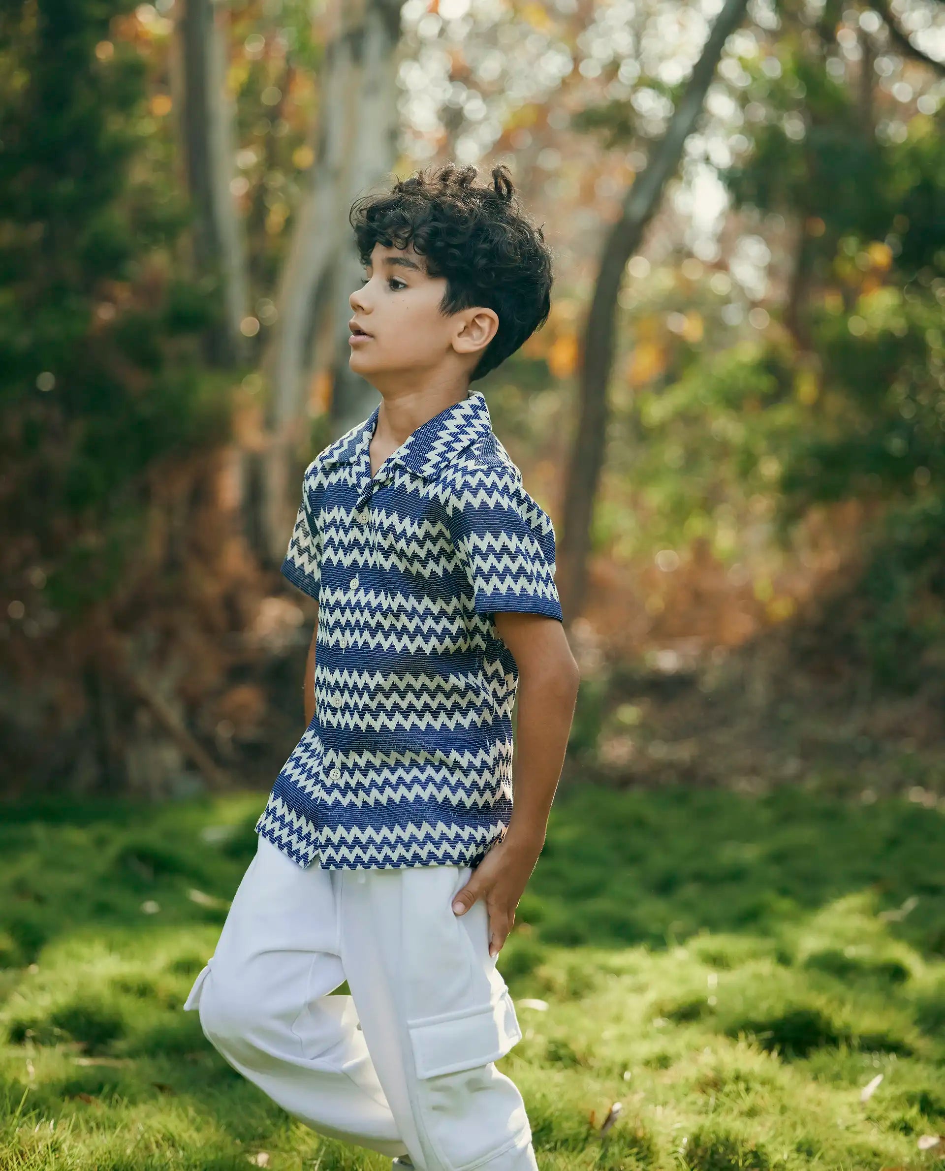 Rare Ones Kids Dio Blue Cotton Poly Half Sleeve Cuban Collar Dobby Shirt