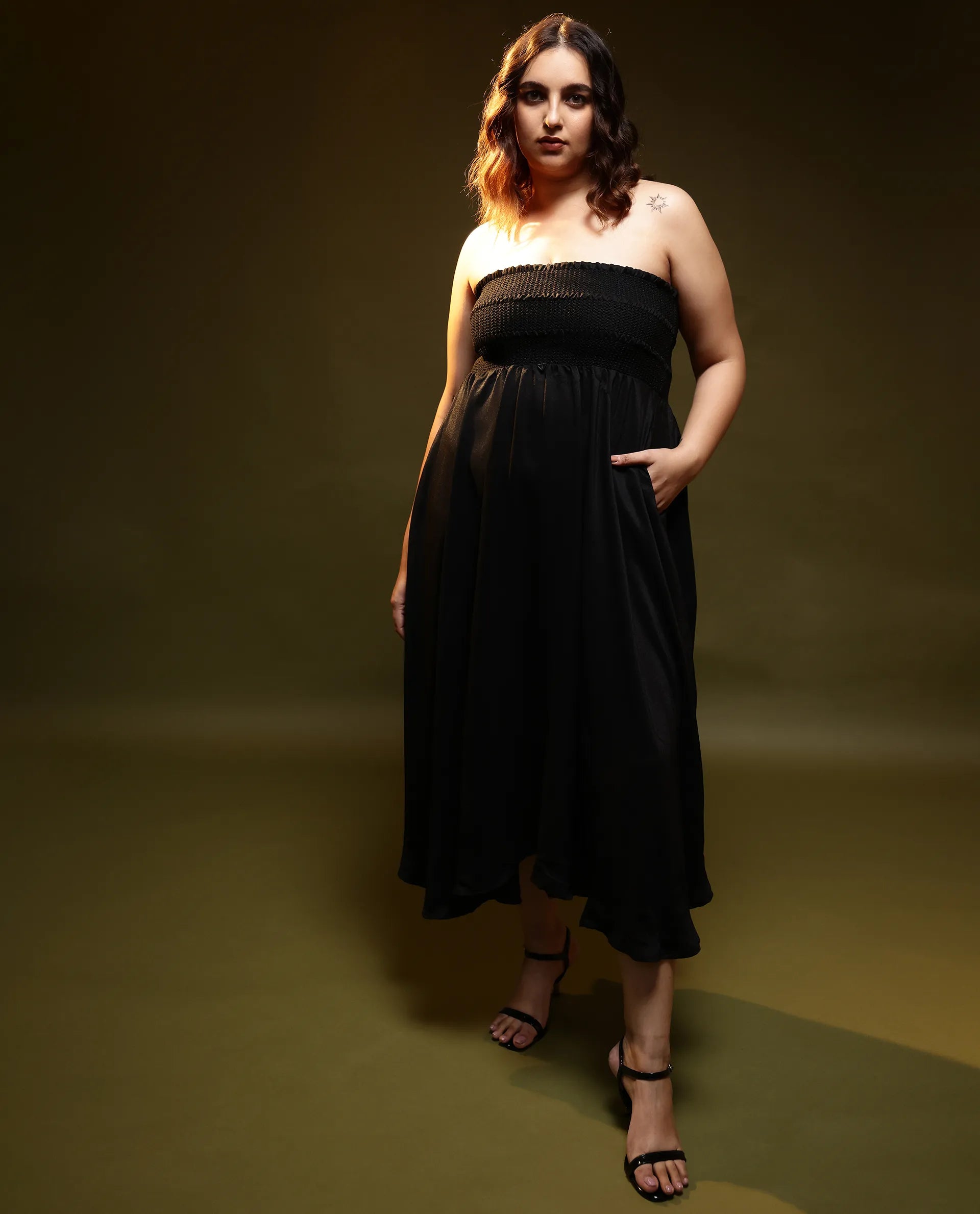 Rareism Women Gimpel Black Viscose Nylon Fabric Sleeveless Shoulder Straps Fit And Flare Plain Maxi Empire Dress