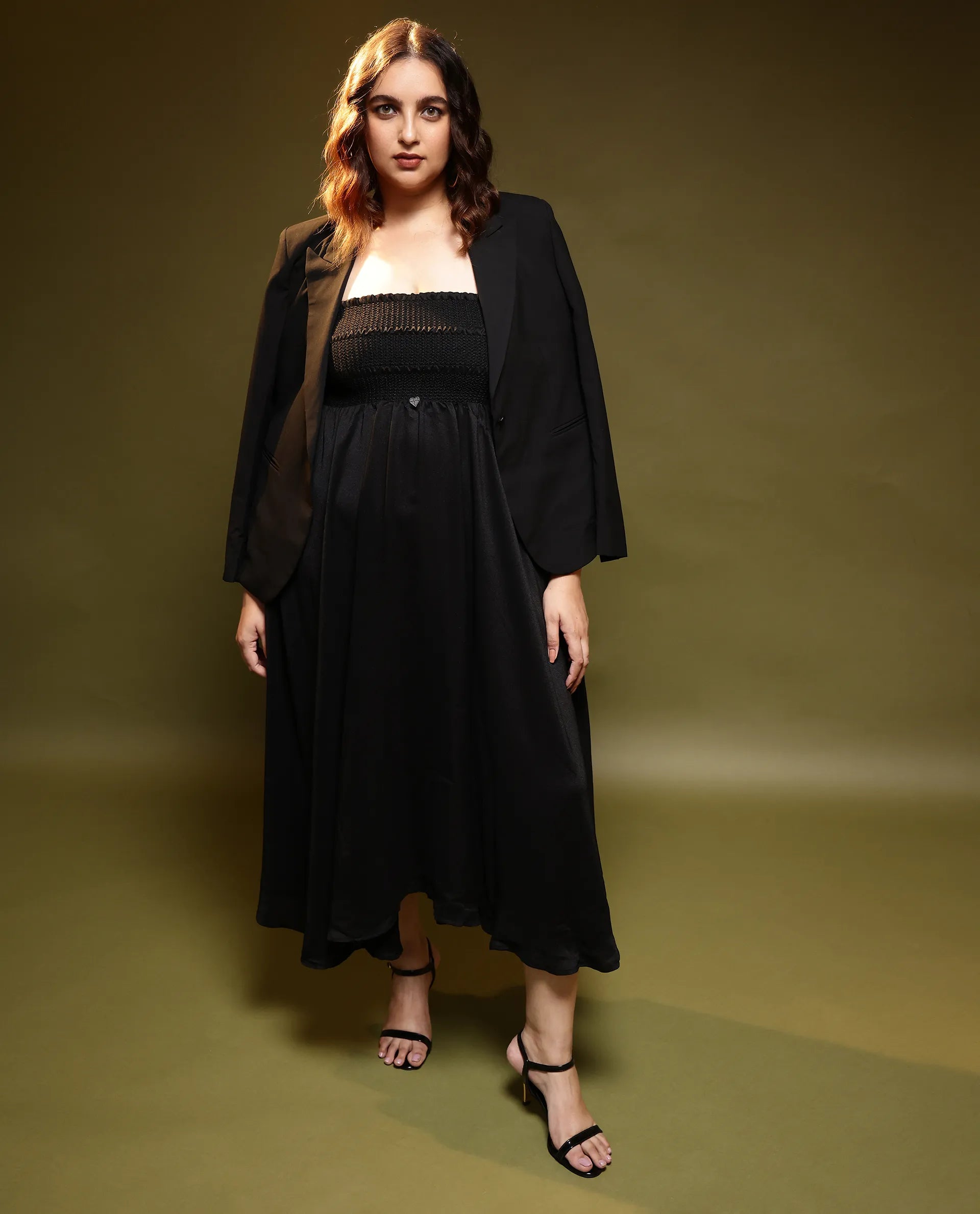 Rareism Women Gimpel Black Viscose Nylon Fabric Sleeveless Shoulder Straps Fit And Flare Plain Maxi Empire Dress