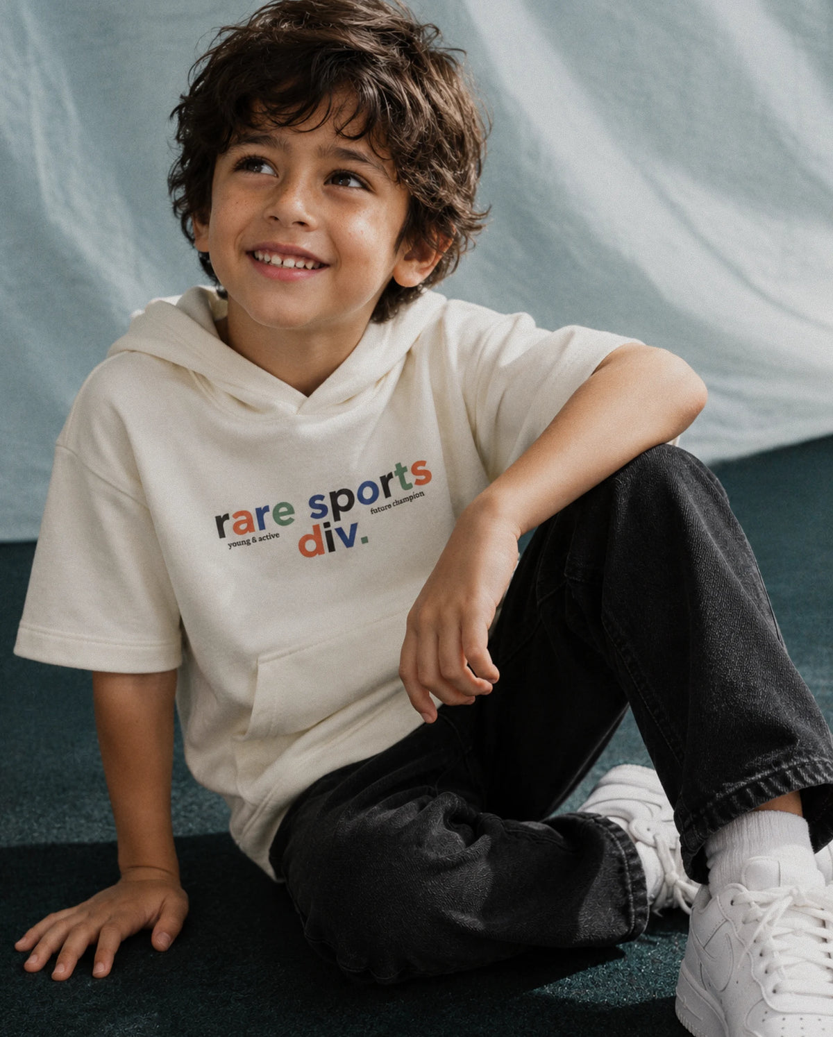 Rare Ones Kids Cinko Off White Cotton Blend Fabric Hooded Pull-On Closure Oversized Sweatshirt
