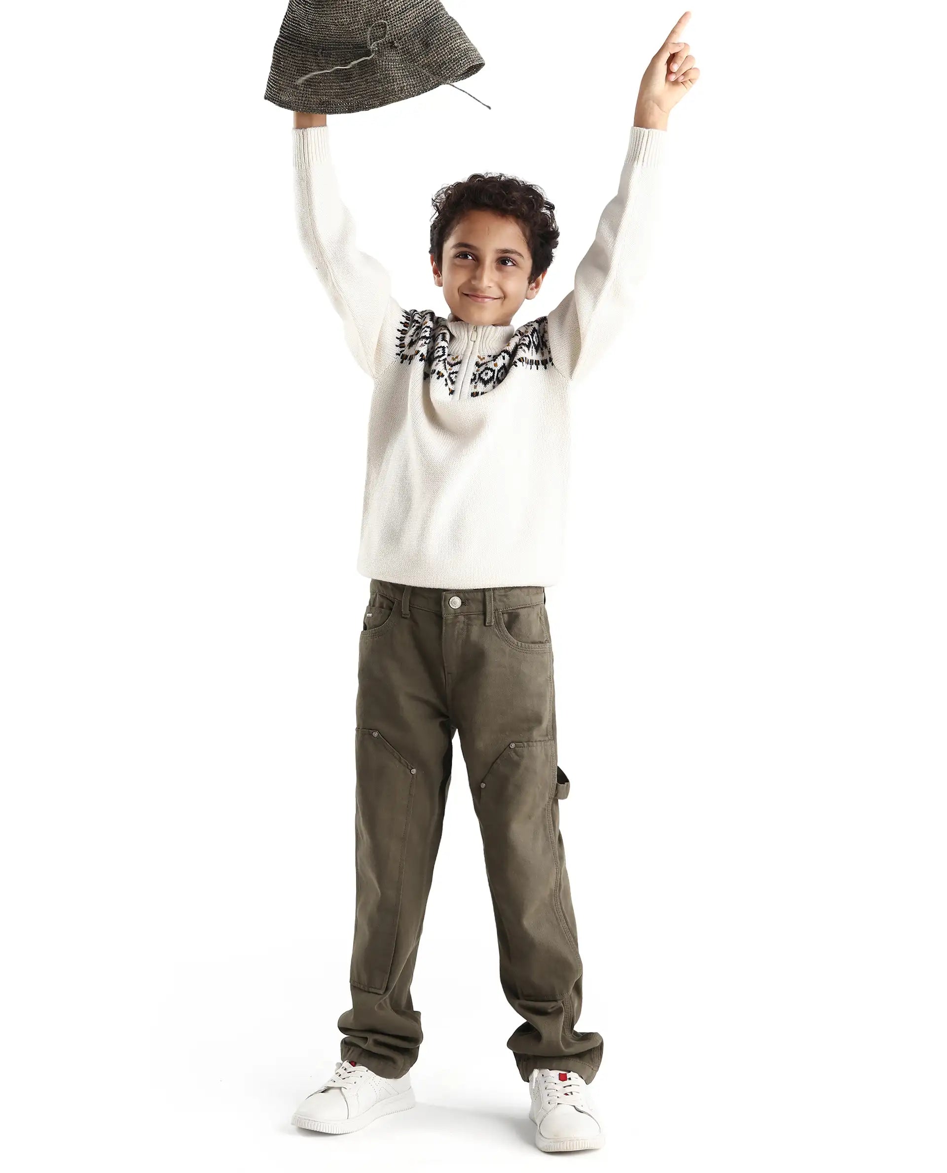 Rare Ones Kids Arvi-K Green Cotton Button And Zip Carpenter Fit Denim Pant