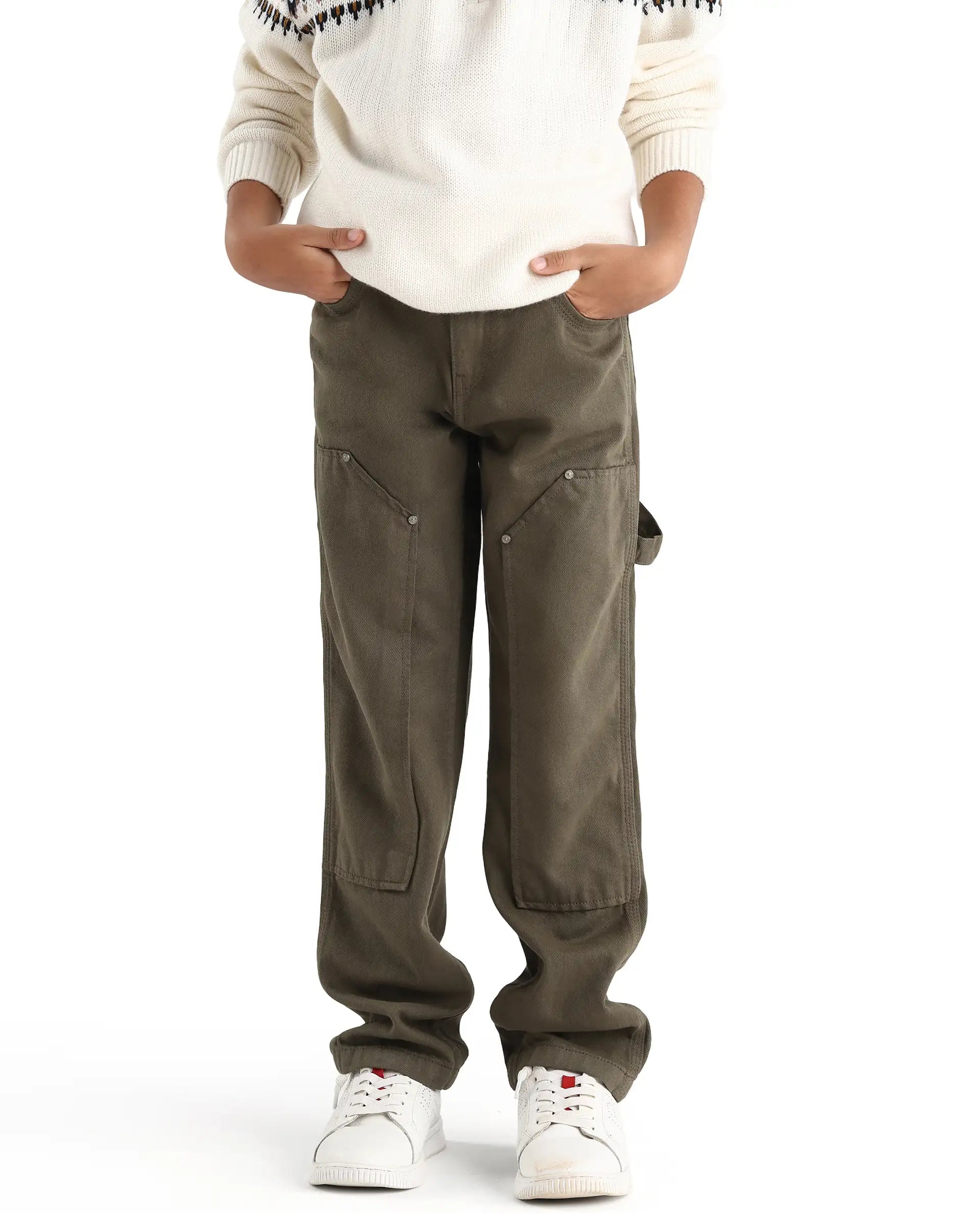 Rare Ones Kids Arvi-K Green Cotton Button And Zip Carpenter Fit Denim Pant