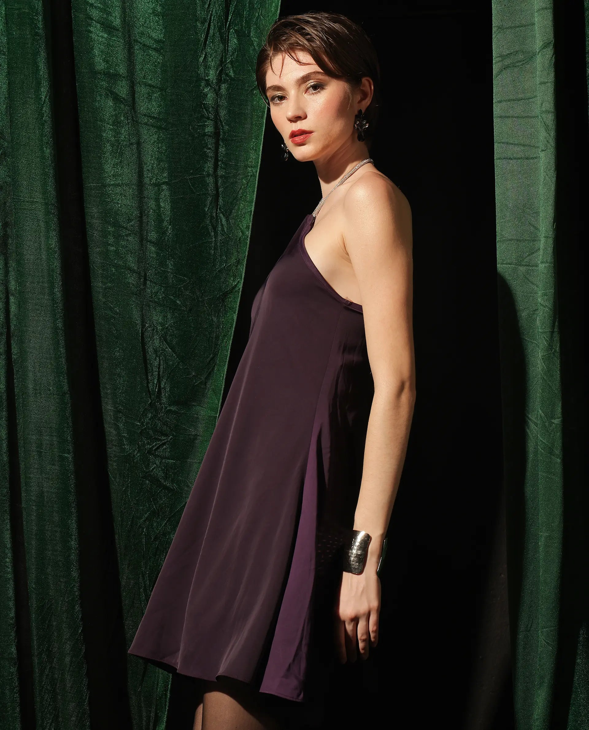 Rareism Women Setar Purple Satin Sleeveless Halter Neck Flared Mini Plain Dress