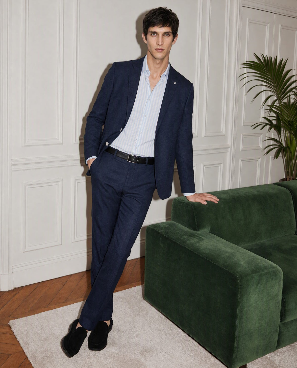Rare Rabbit Men's Jardin Dark Navy Polyester Plain Tailored Fit Full Sleeve Lapel Neck Suits