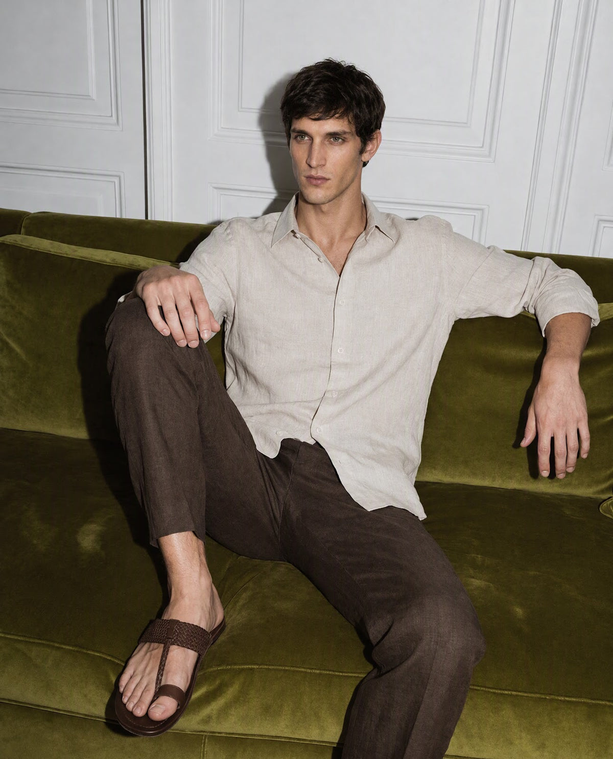 Rare Rabbit Men's Arcelo-A26 Olive 100% Linen Regular Fit Plain Trouser