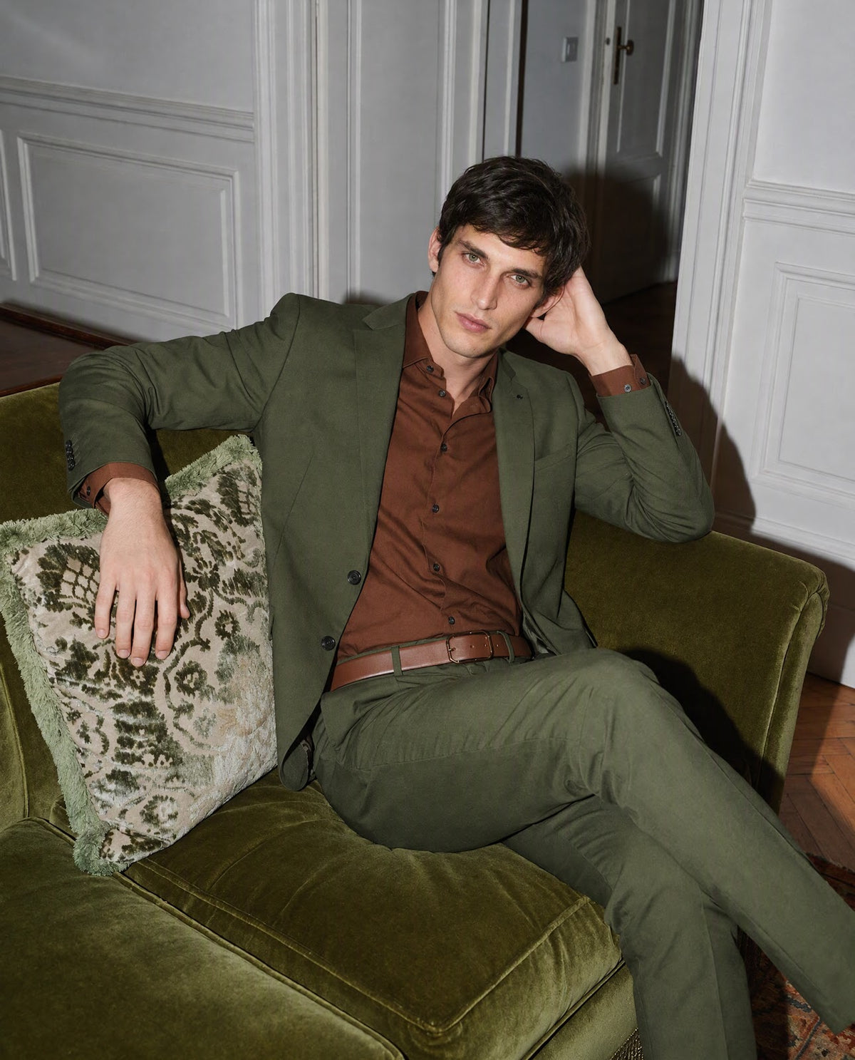 Rare Rabbit Men's Oscar Dark Olive Linen Blend Plain Tailored Fit Full Sleeve Lapel Neck Suits