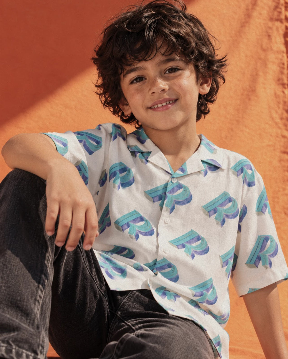 Rare Ones Kids Repo Off White Viscose Fabric Button Closure Regular Fit Monogram Print Shirt