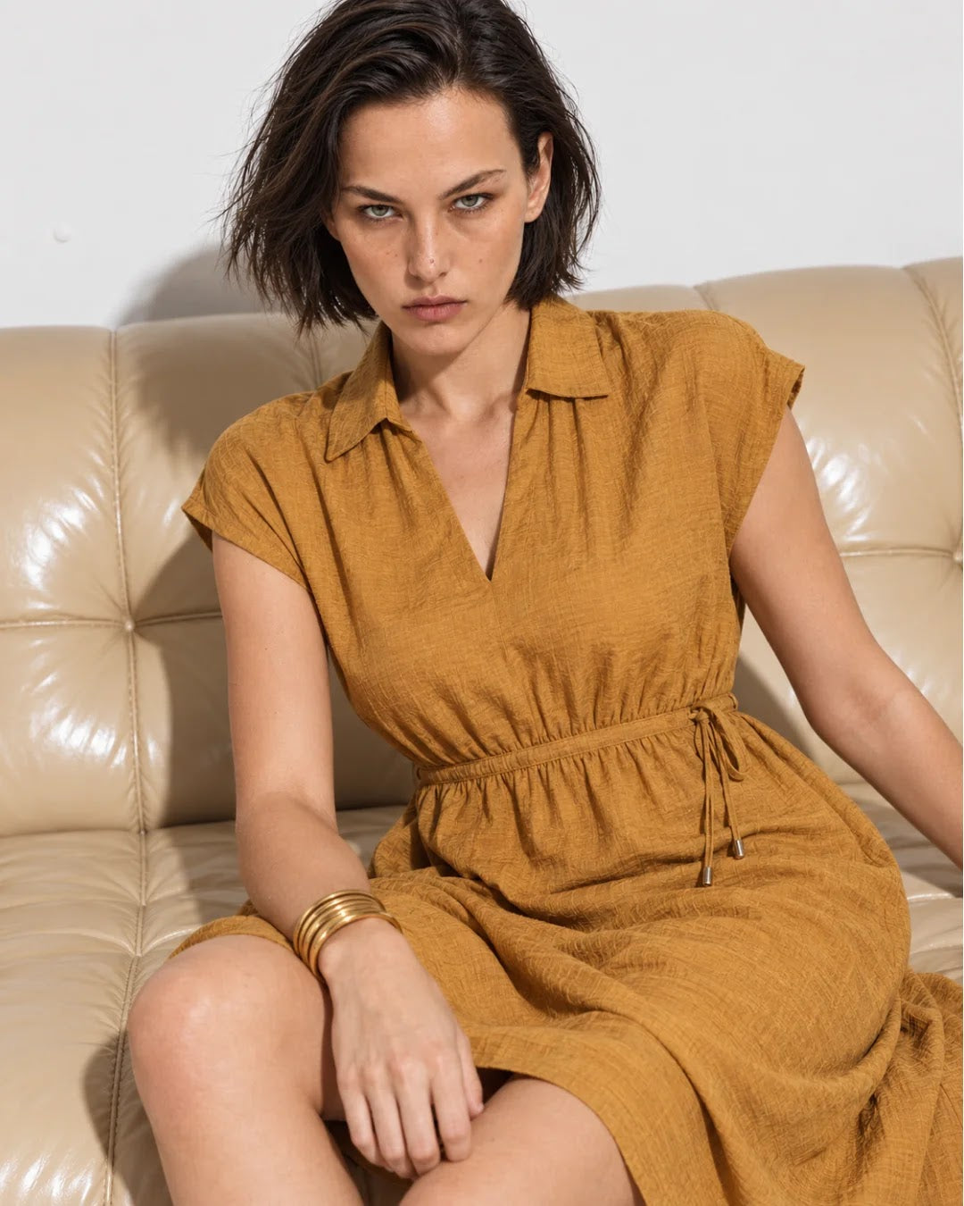 Rareism Women's Sibat Mustard Viscose Blend Johnny Collar Pull-On A-Line Plain Dress
