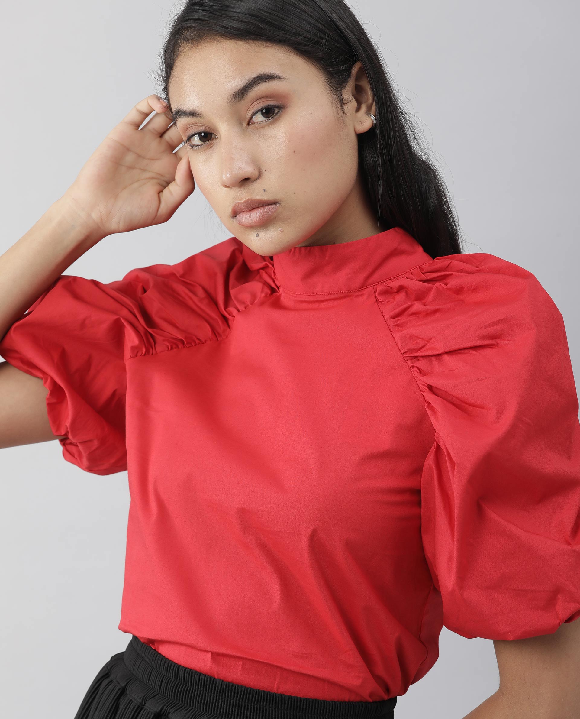 Rareism Womens Slosh Red Top Cotton Lycra Fabric Regular Fit Puff Sleeves High Neck