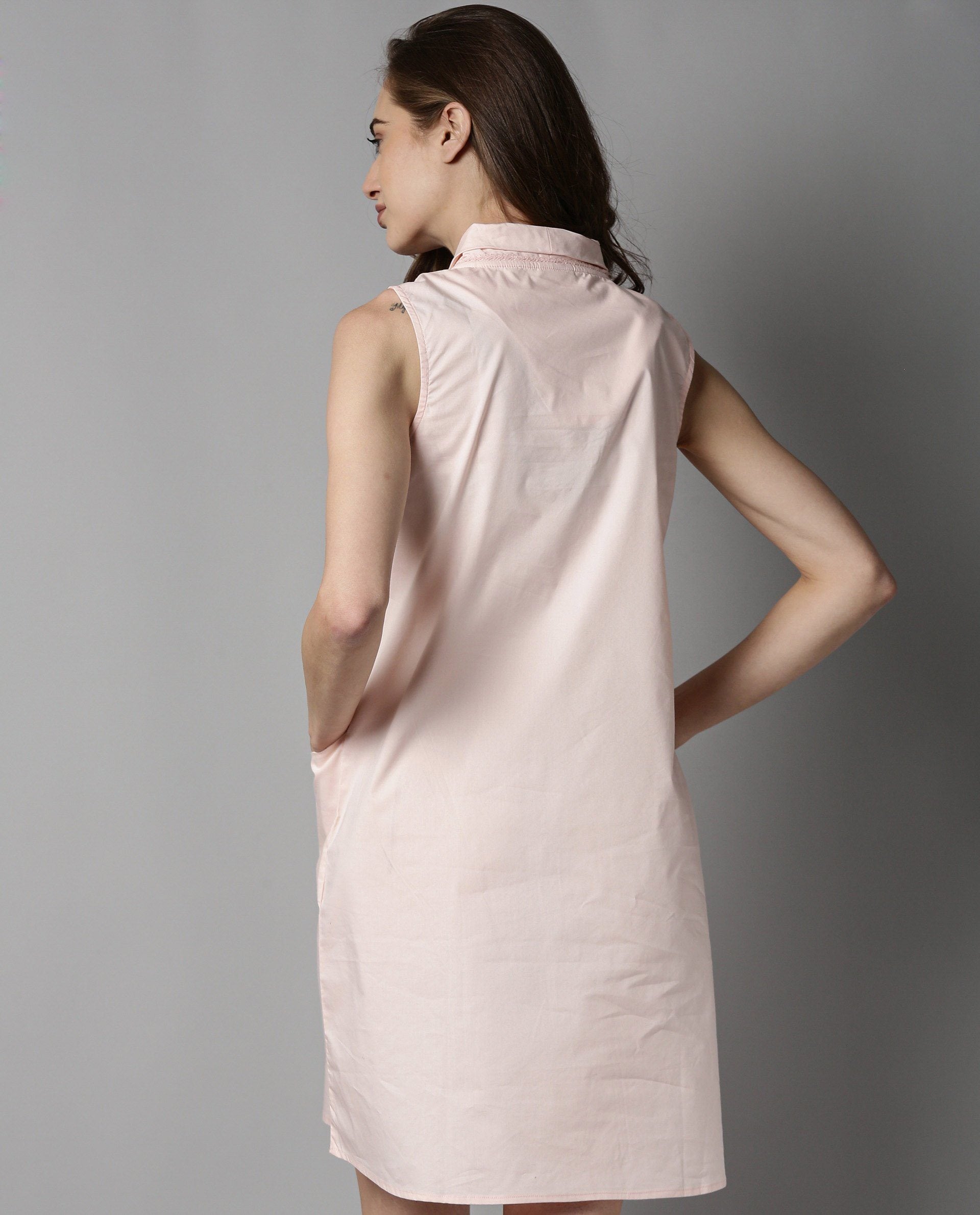 Rareism Womens Dripper Pink Dress Sleeveless Cotton Fabric Shawl Collar Knee Length