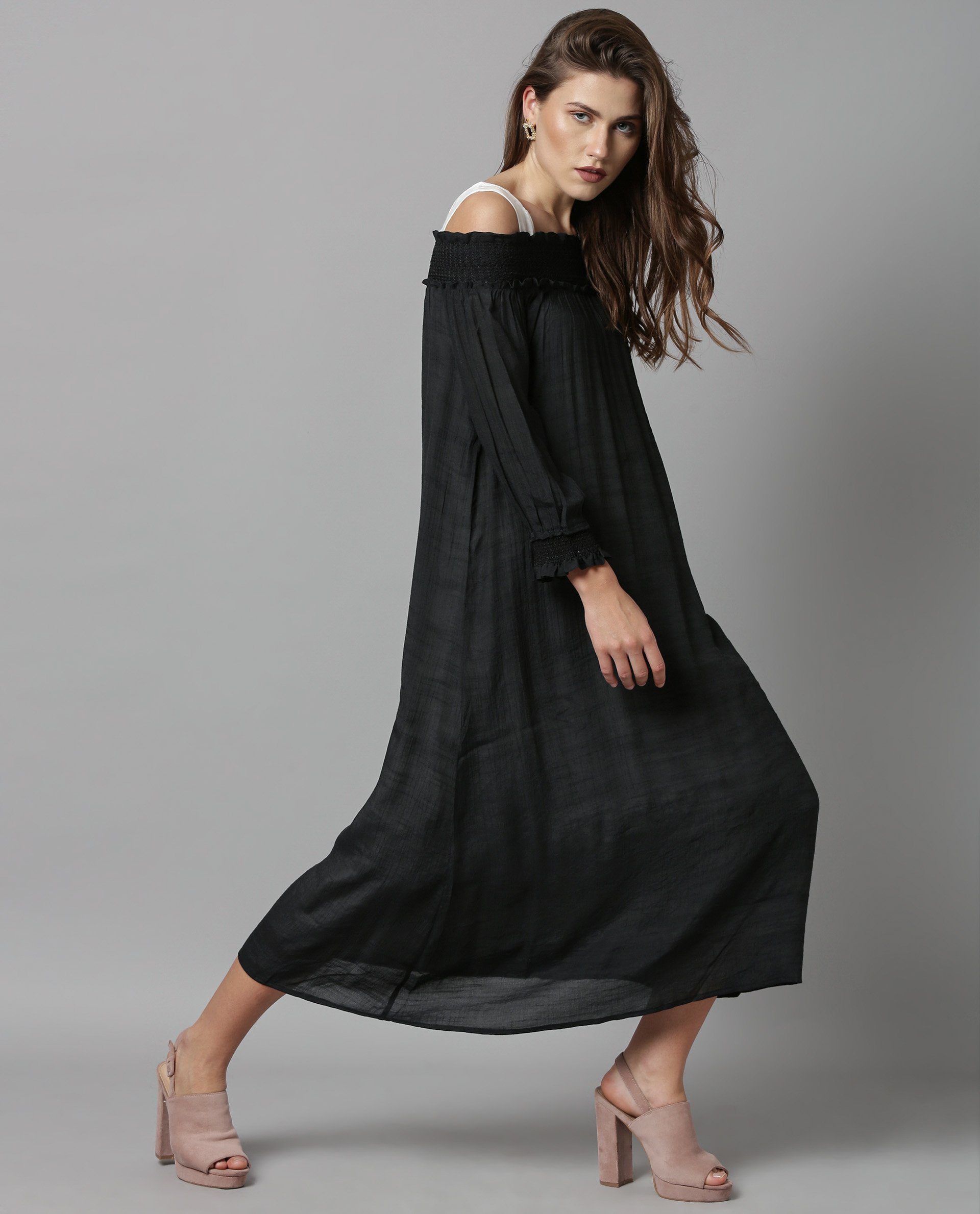Rareism Women Amber Black Dress Short Sleeves