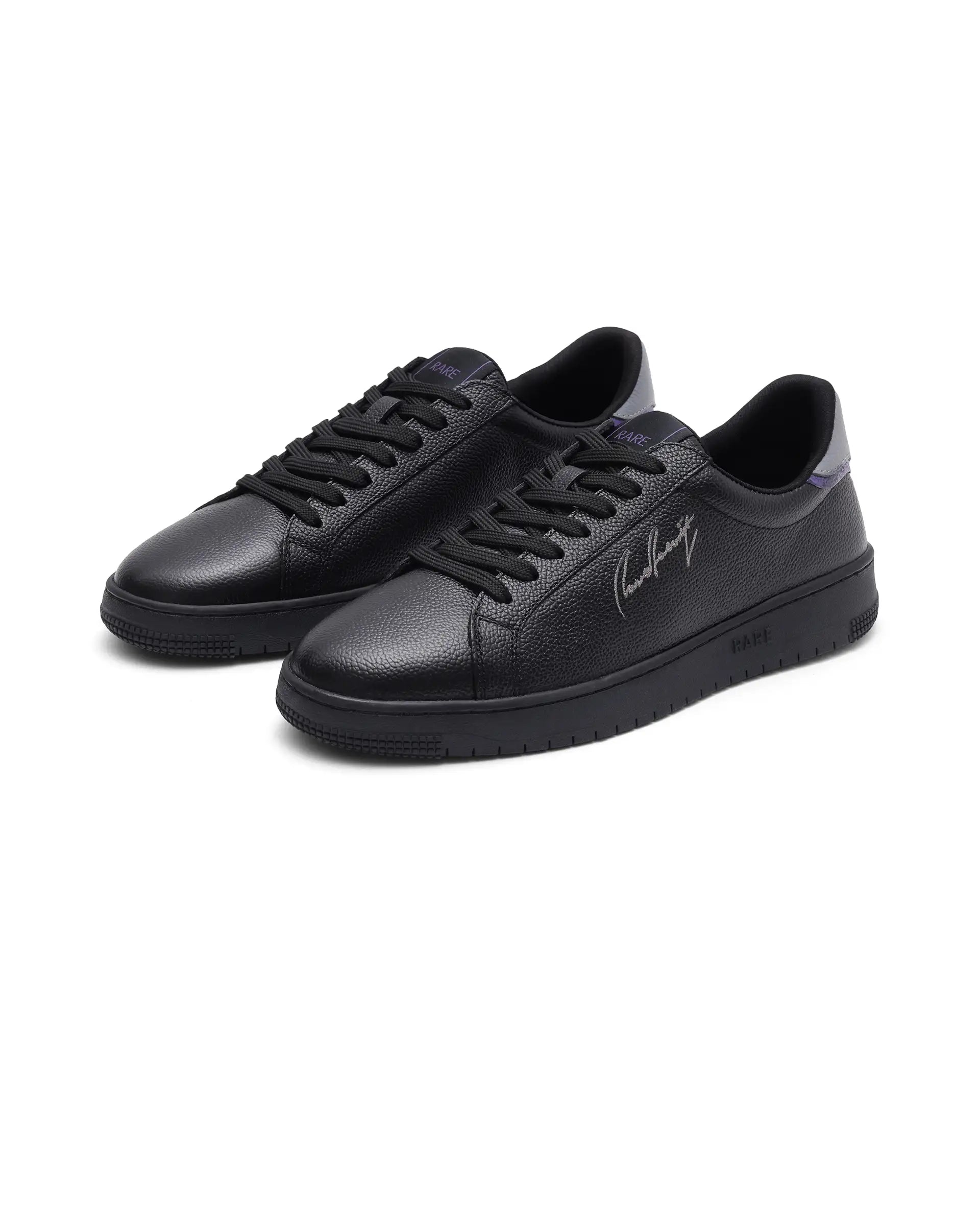 Rare Rabbit Men Elliot Black Genuine Leather Embroidered Signature Low-top Lace-Up Closure Sneaker