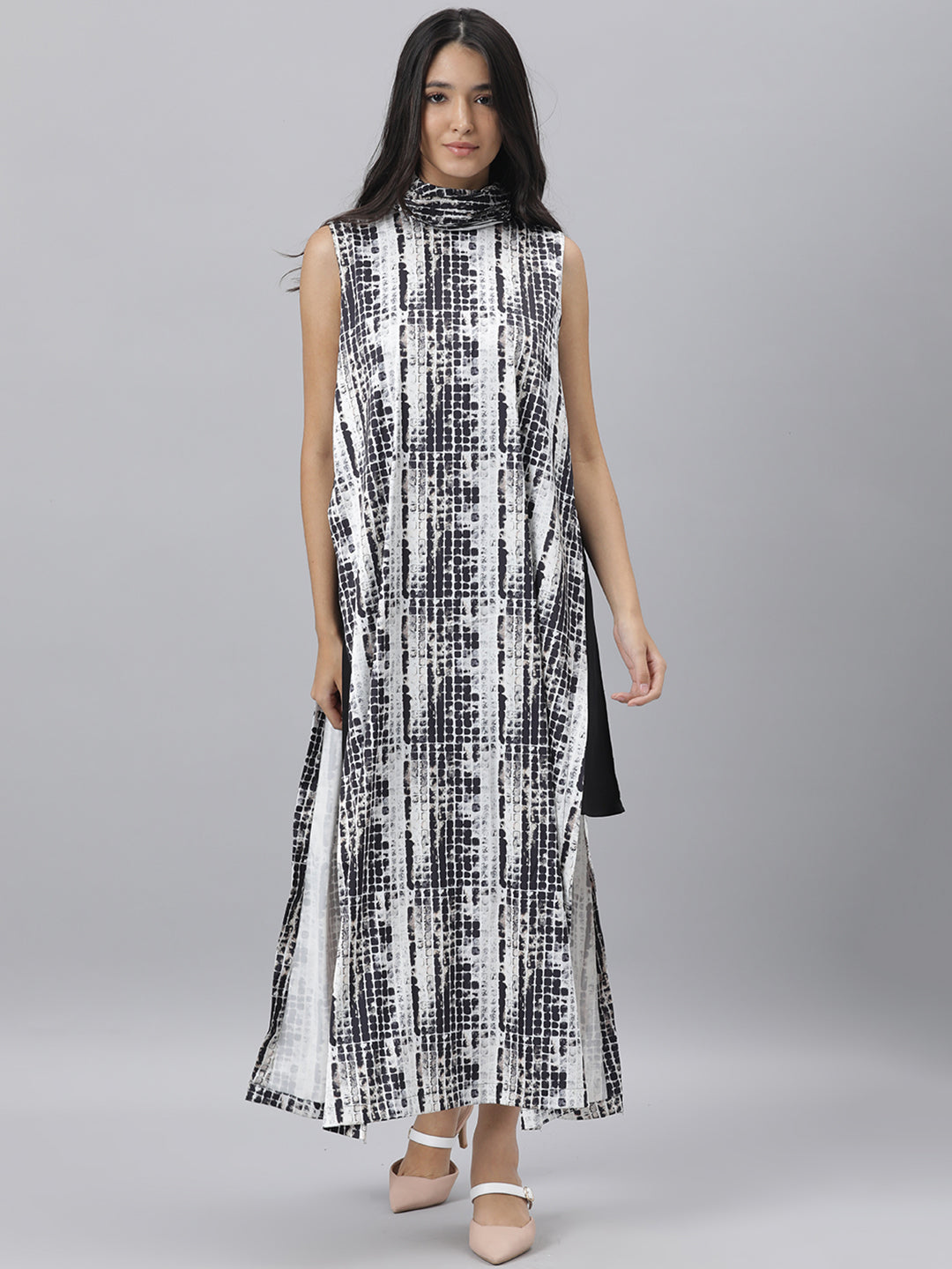 Rareism Women Pash Black Abstract Print High Neck Ruffled Collar Sleeveless With Full Side Slit Maxi Dress