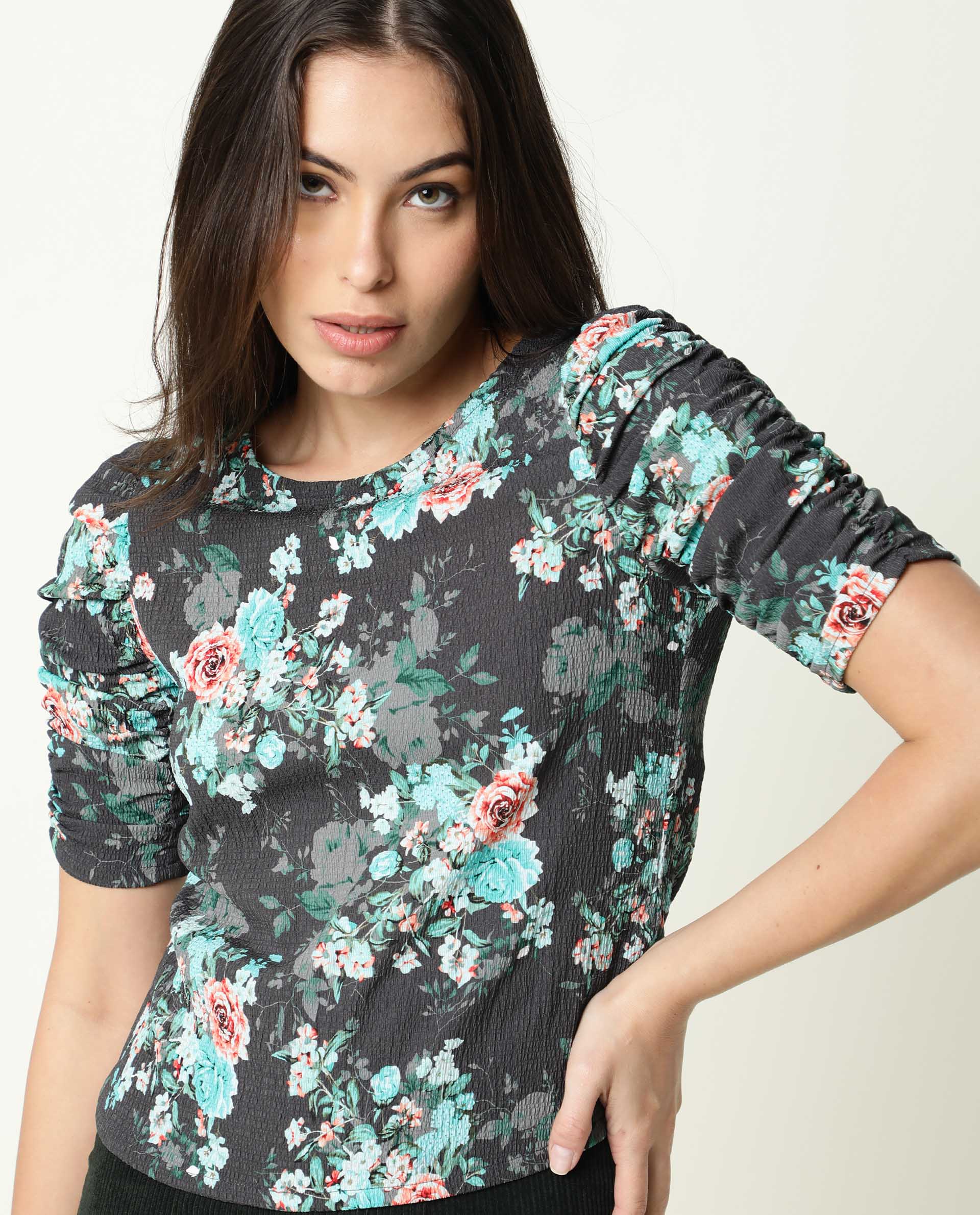 Rareism Womens Flake Grey Top Polycotton Fabric 3/4 Sleeve Round Neck