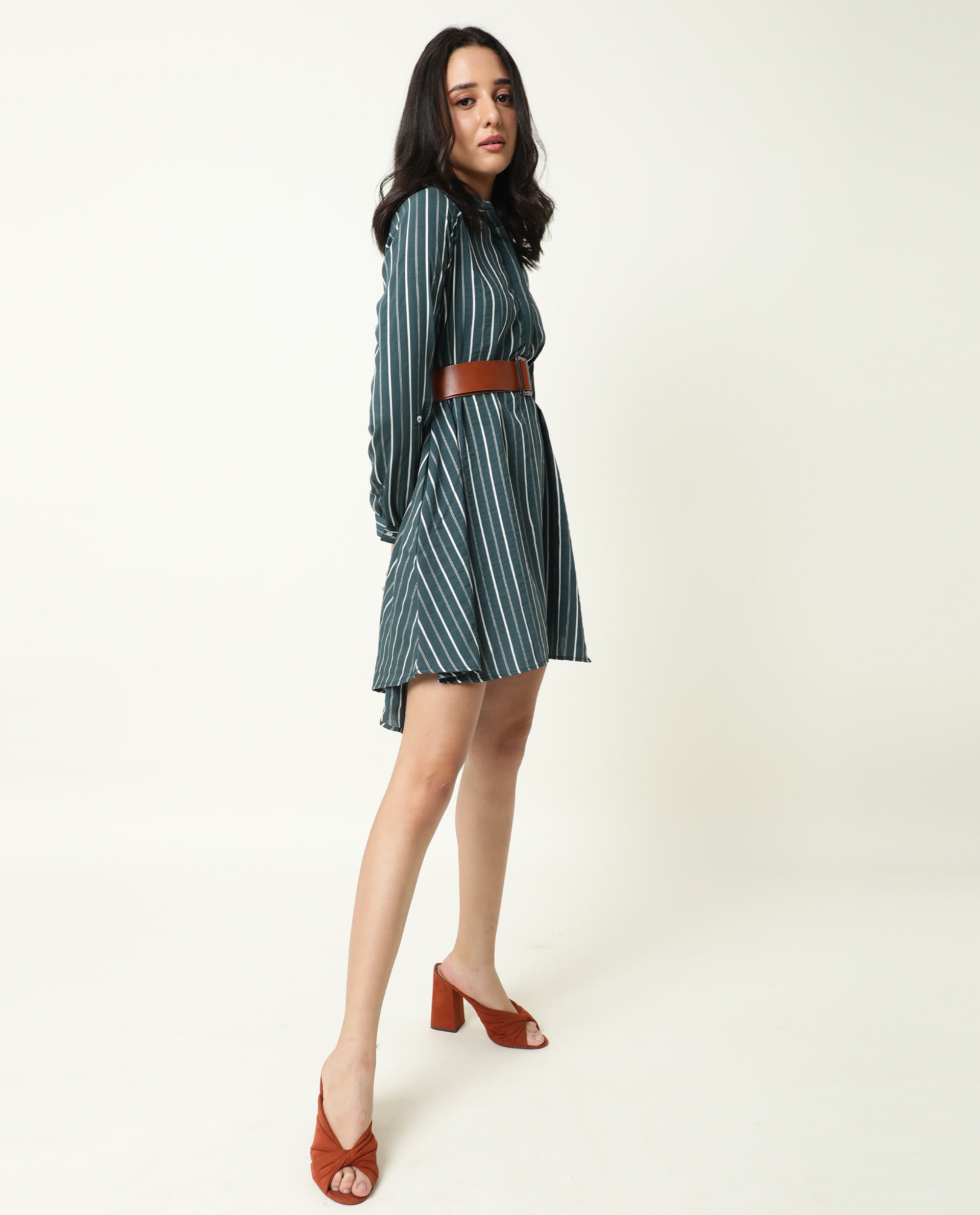 Rareism Womens Maltisse Green Dress Viscose Nylone Fabric Relaxed Fit Full Sleeve Collared Neck