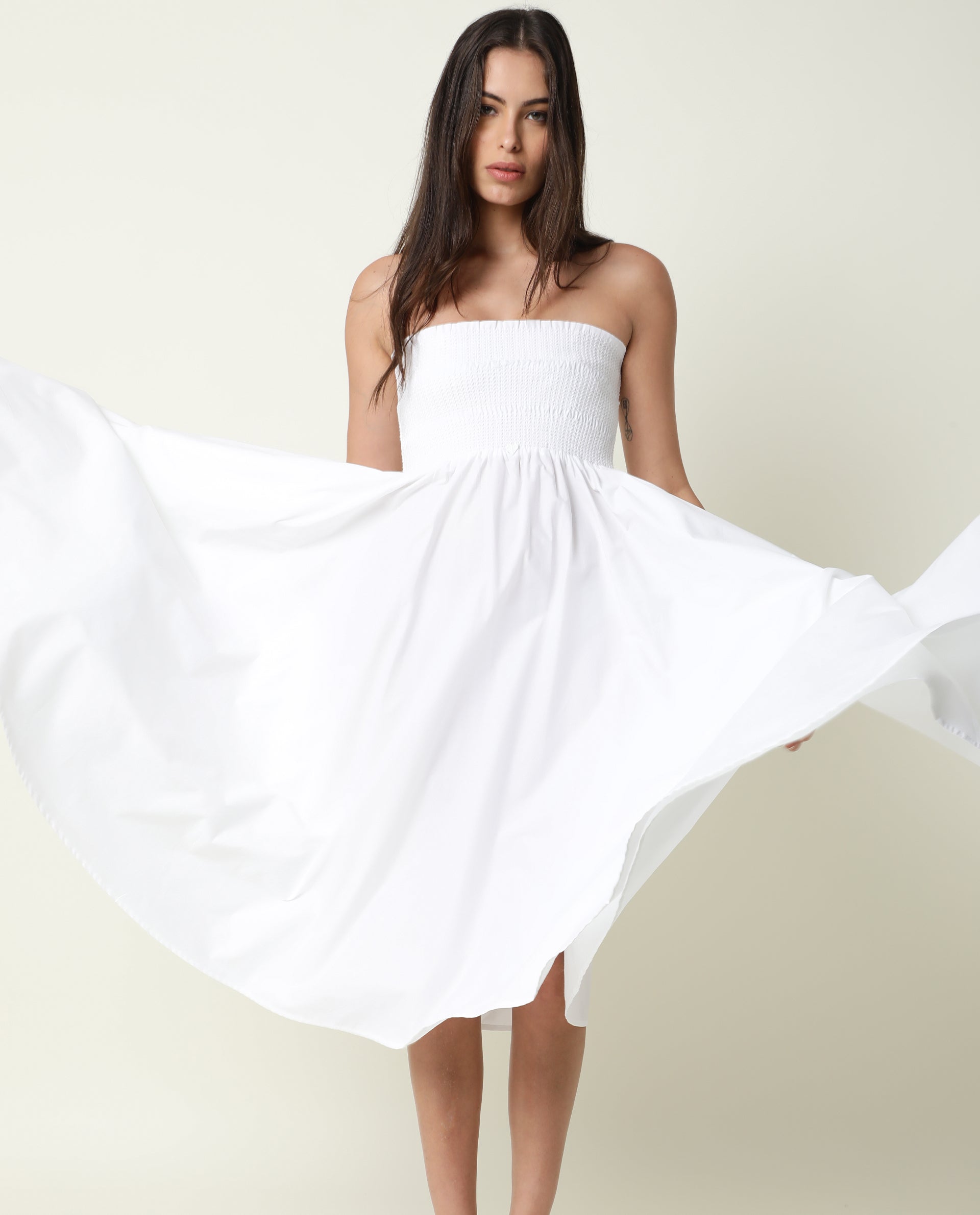 Rareism Womens Nola White Dress Cotton Lycra Fabric Regular Fit Sleeveless Tube Neck