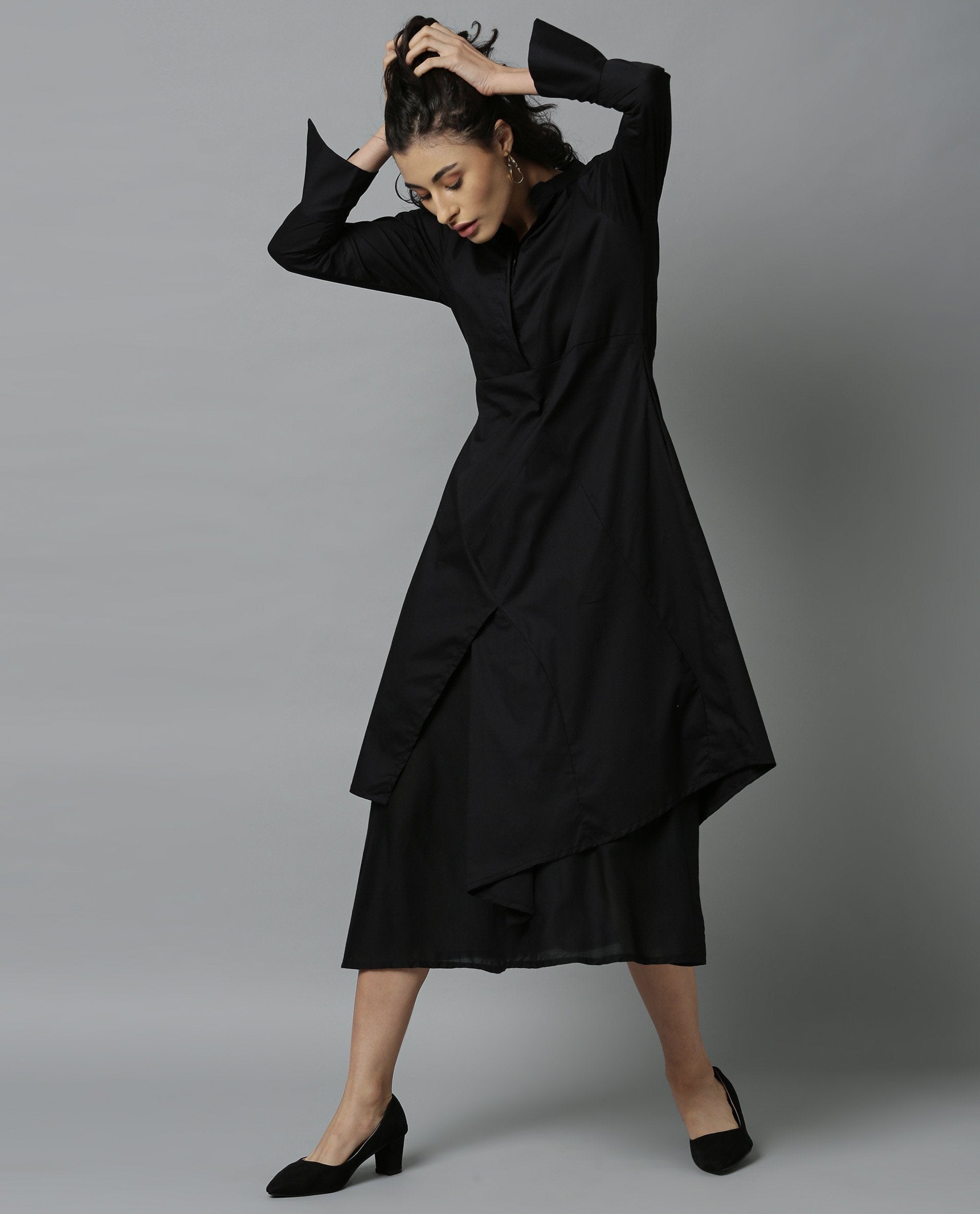 Rareism Women Petal Black Dress Full Sleeves