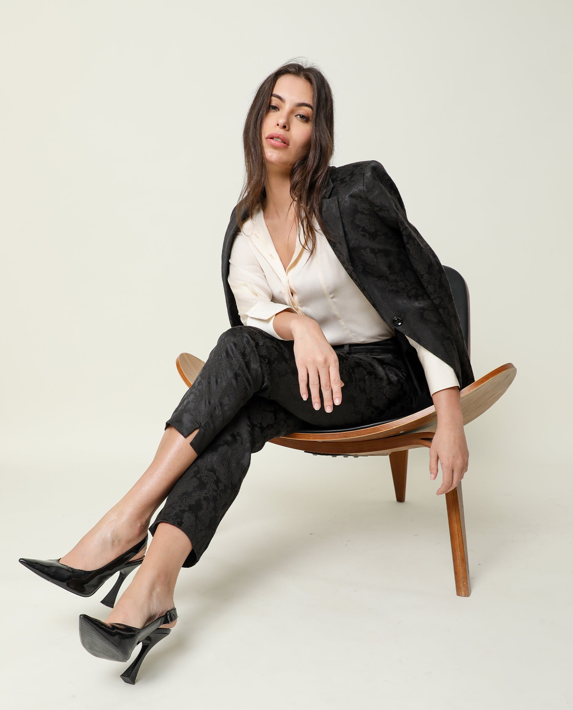 Rareism Women Nestea Black Velvet Tailored Fit High Rise Floral Print Ankle Length Trousers