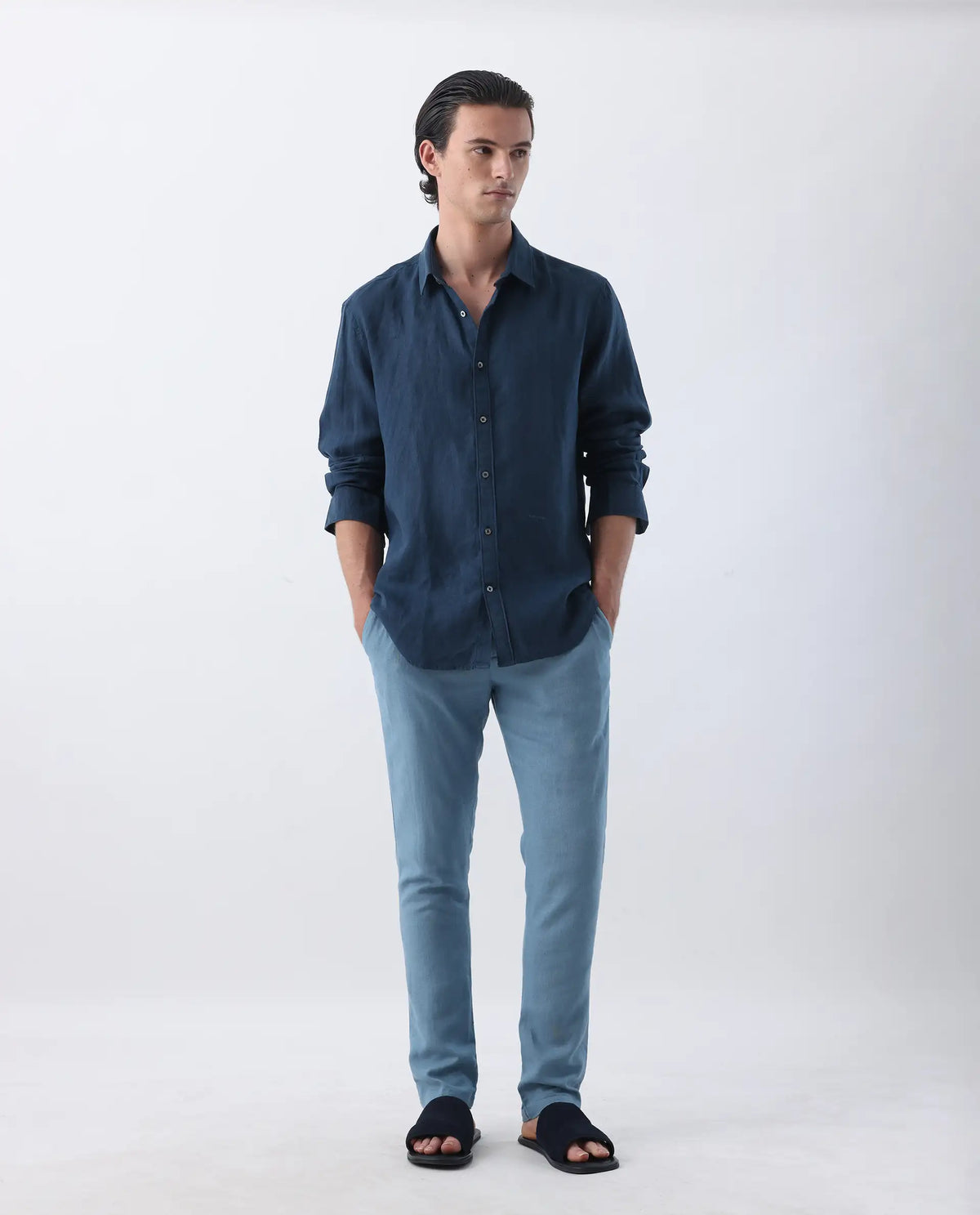Rare Rabbit Men's Linac Dusky Blue 100% Linen Plain Regular Fit Trouser