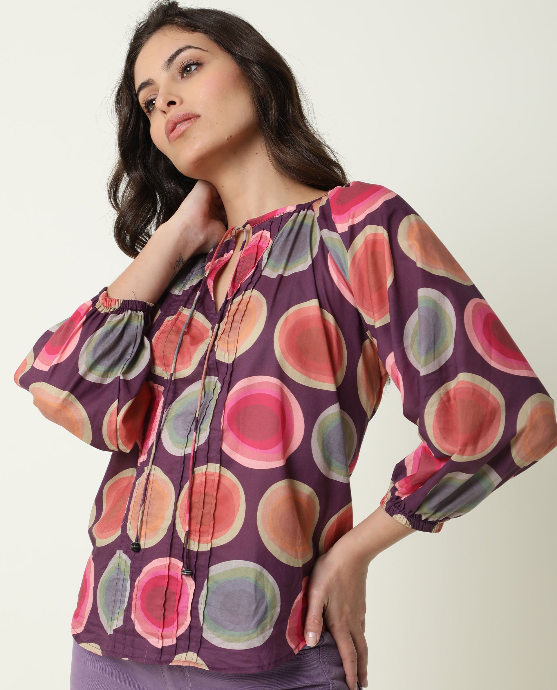 Rareism Women Orlie Purple Cotton Fabric Relaxed Fit Key Hole Neck 3/4Th Sleeves Geometric Print Top