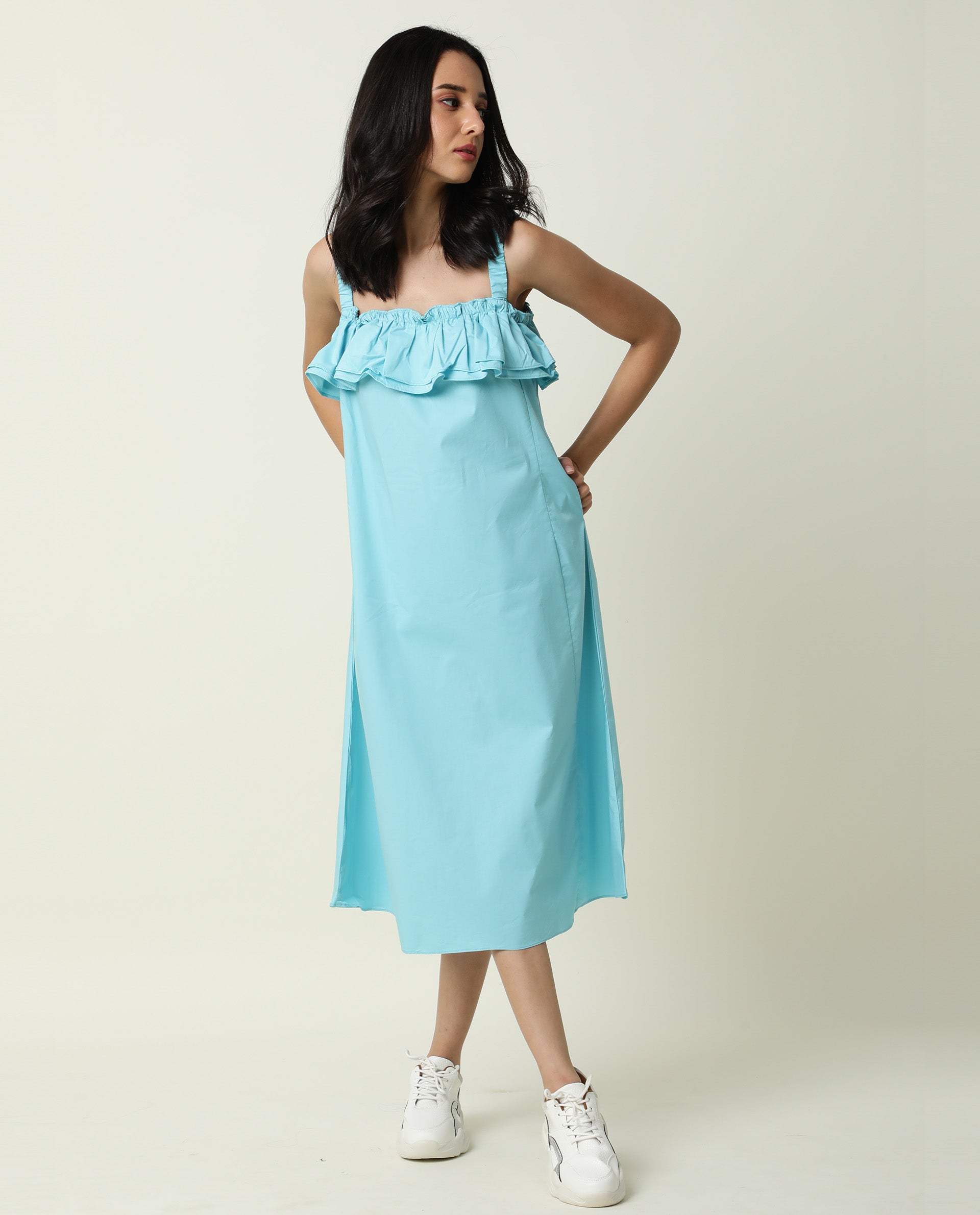 Rareism Women Lens Blue Sleeveless Shoulder Strap Ruffled Square Neck With Pockets Midi Dress