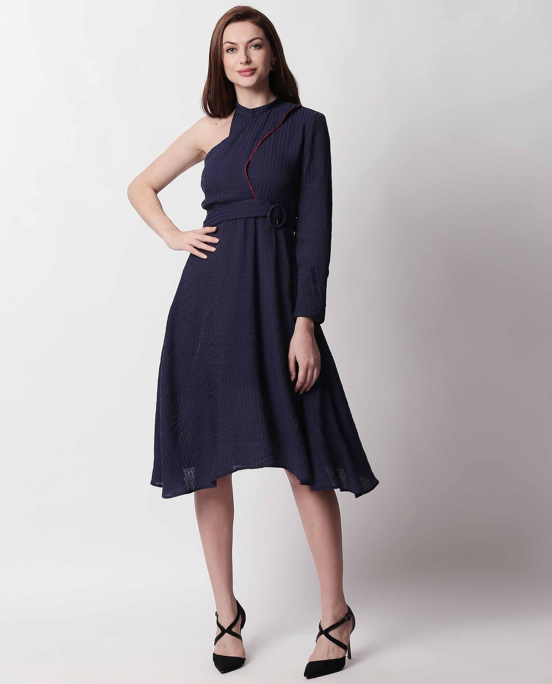 Rareism Women Carnival Navy One Shoulder Full Sleeve With Fabric Waist Belt Flared Knee Length Dress