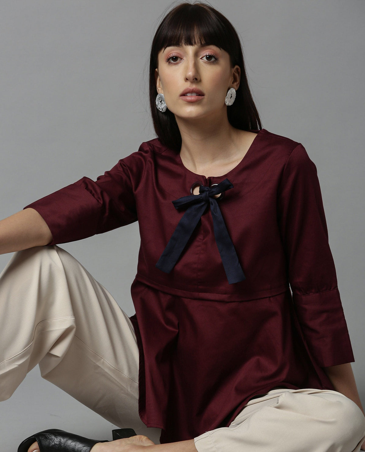 Rareism Women Rody Maroon Top Short Sleeves Solid