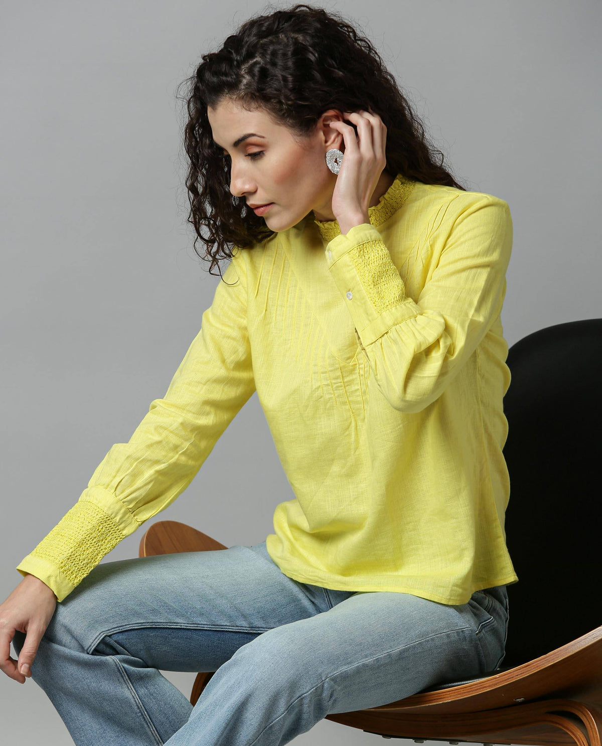 Rareism Women Dandellion Yellow Top Full Sleeves