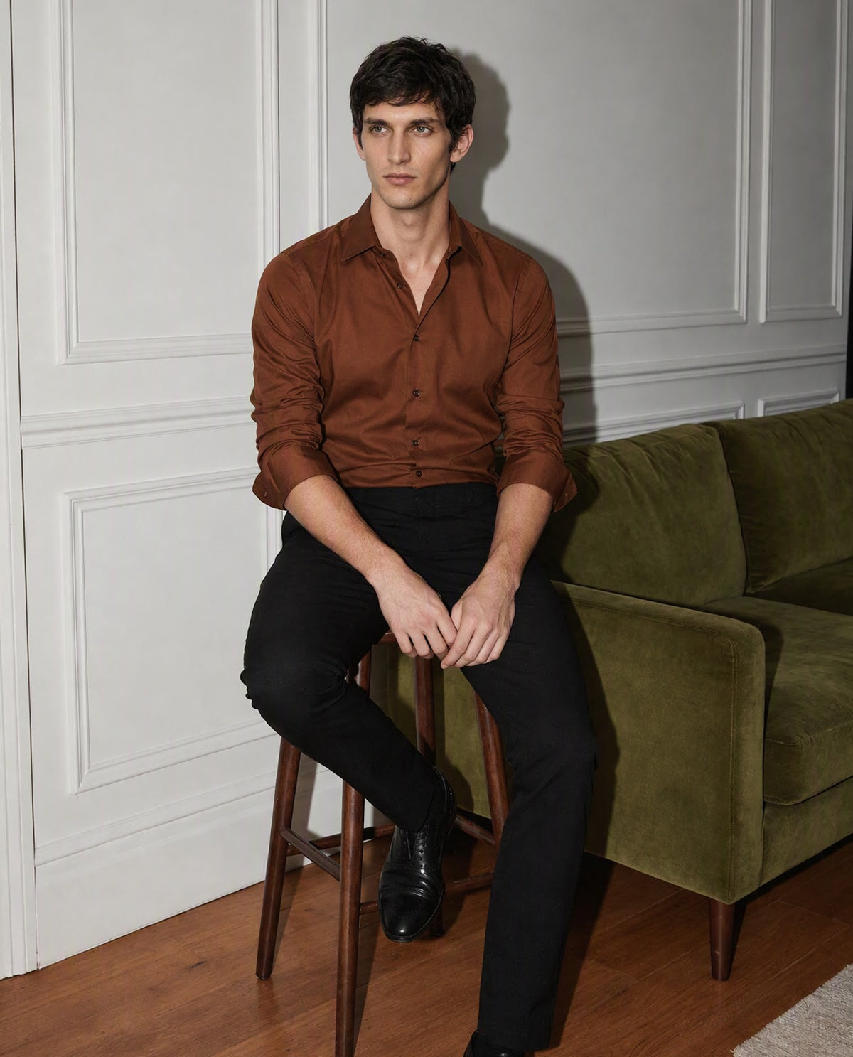 Rare Rabbit Men's Holand Rust Cotton Plain Regular Fit Full Sleeve Collared Shirt