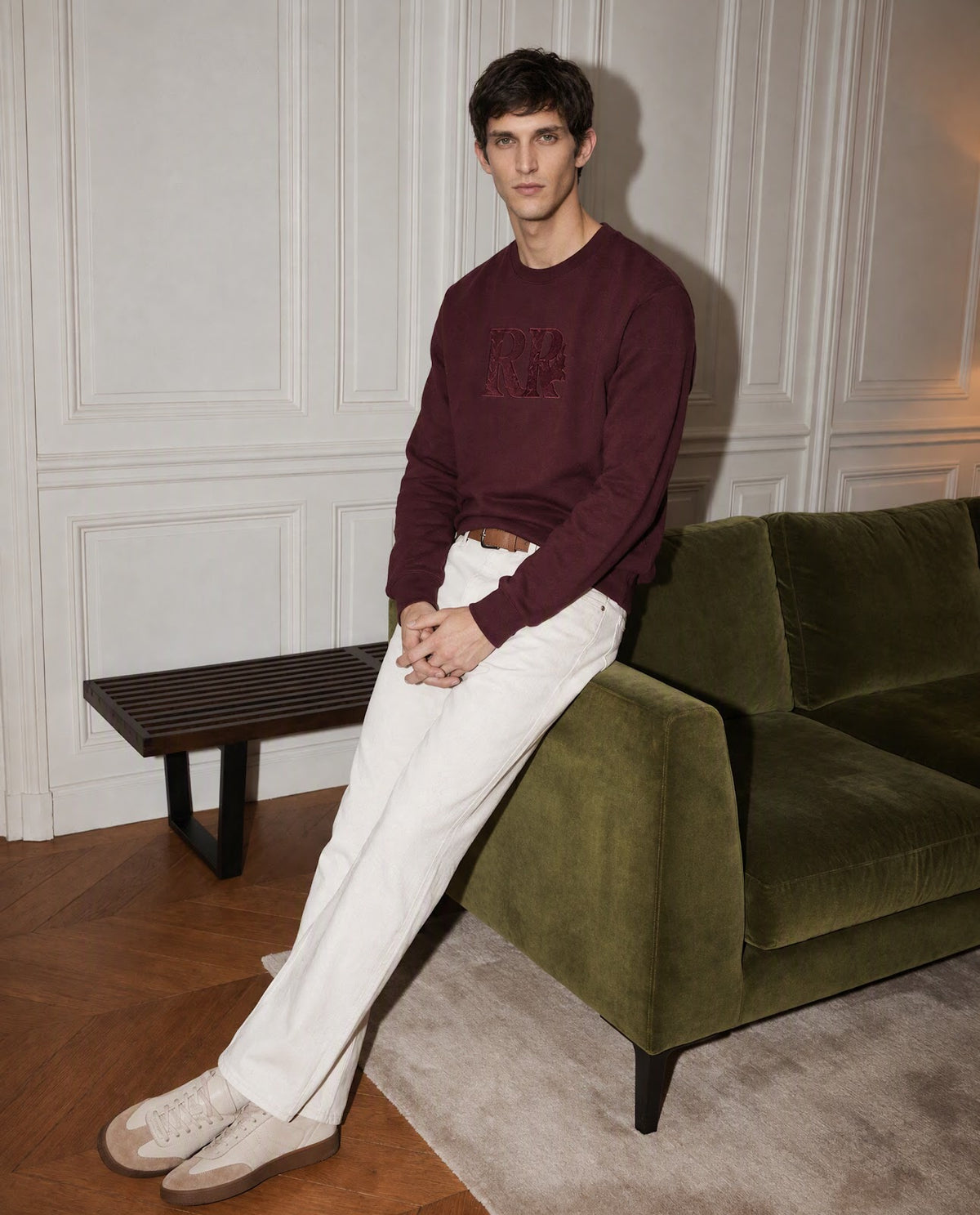 Rare Rabbit Men's Jonas Dark Maroon Cotton Blend Crew Neck Regular Embroidered Sweatshirt