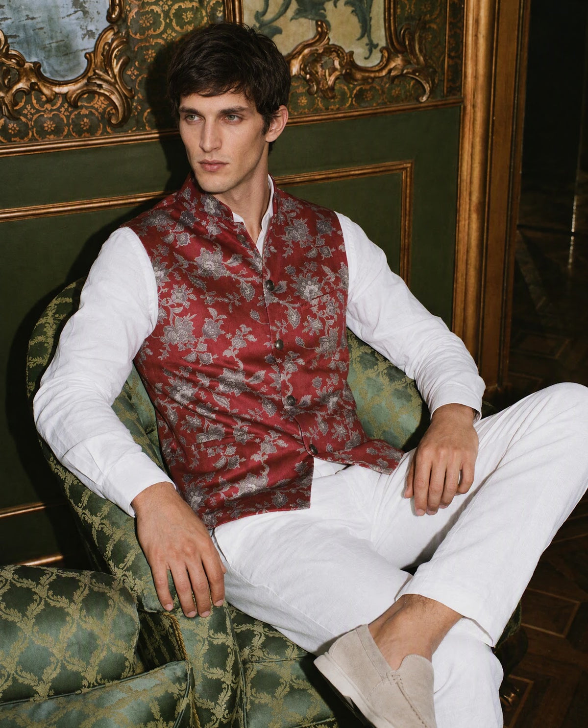 Rare Rabbit Men's Camero Dark Red Polyester Blend Floral Print Tailored Fit Sleeveless Mandarin Collar Bandhgala